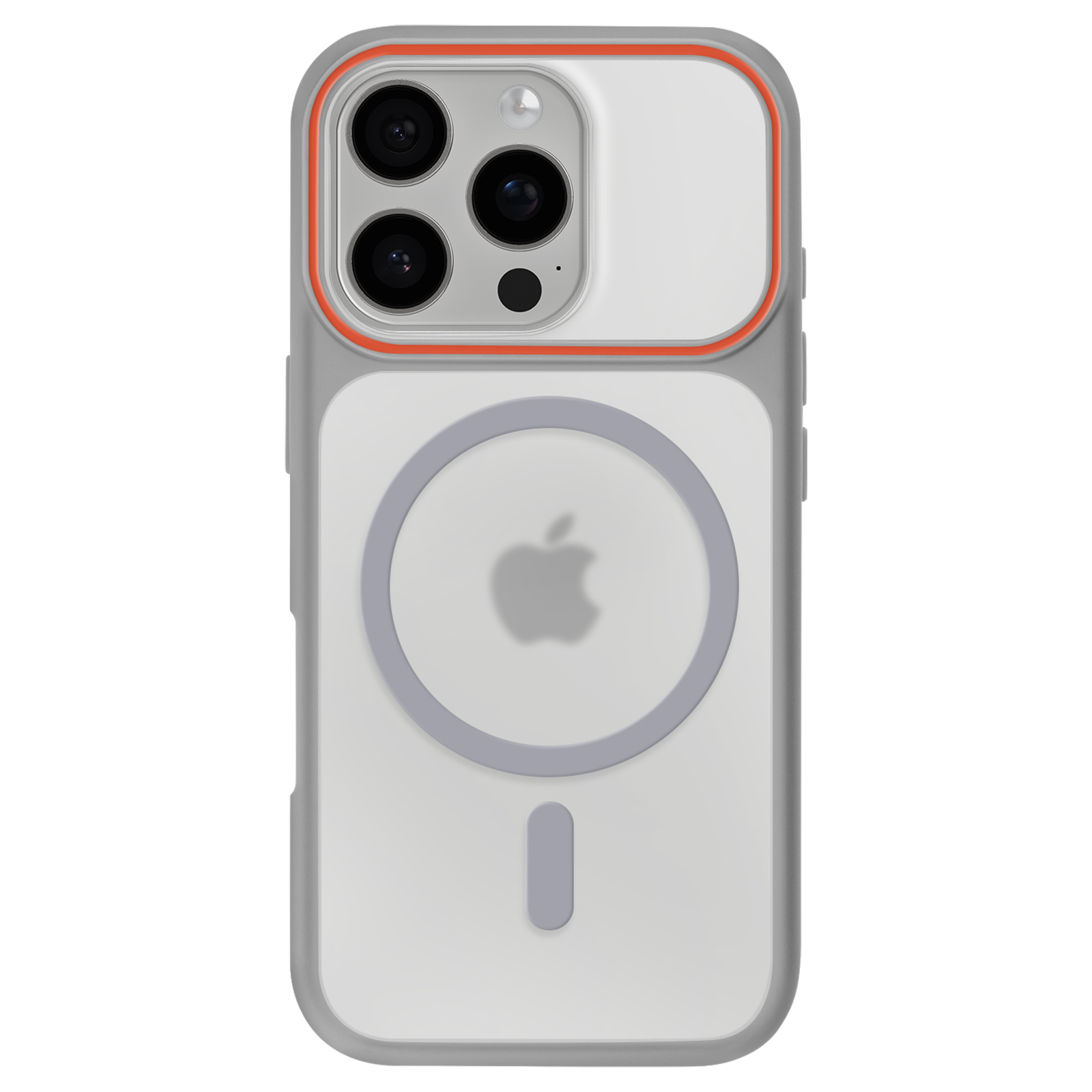 Grijze telefoonhoes met oranje rand, drie camera's en Apple-logo.