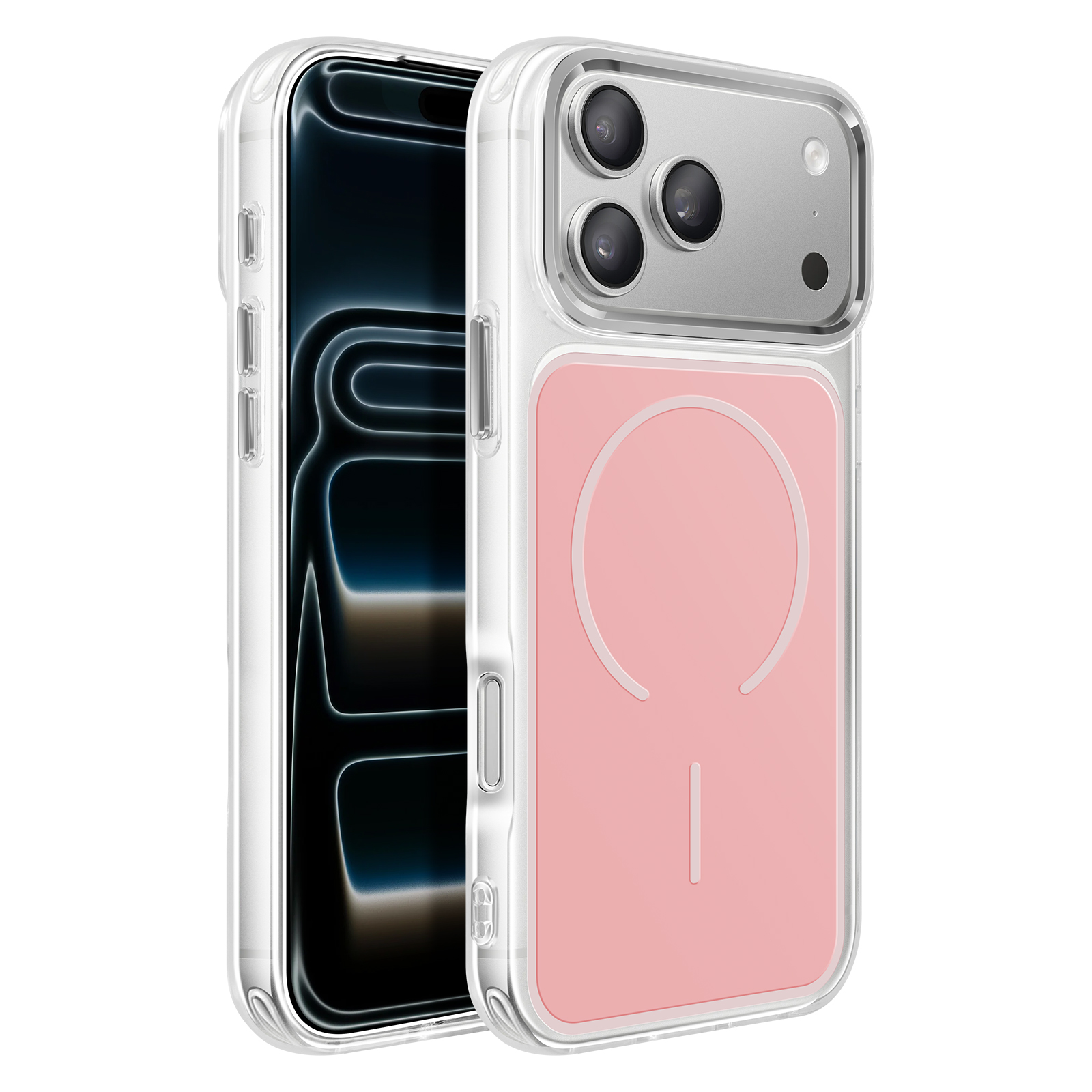 Een doorzichtige telefoonhoes met roze achterkant en cameramodule.