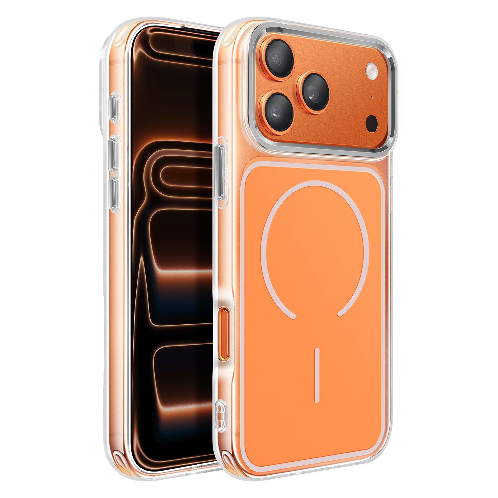 Oranje hoesje met doorzichtige randen voor een smartphone met drie camera's.