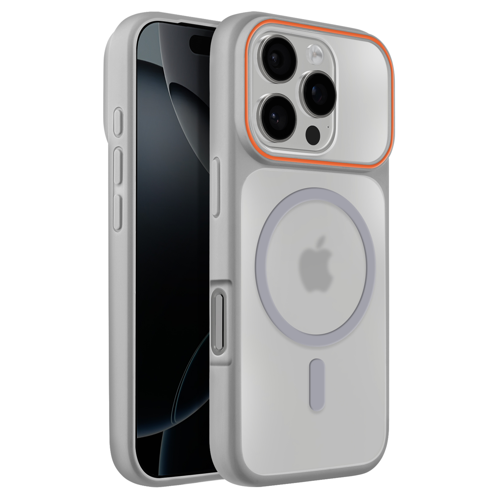 Grijze iPhone hoes met drie camera's en oranje rand.