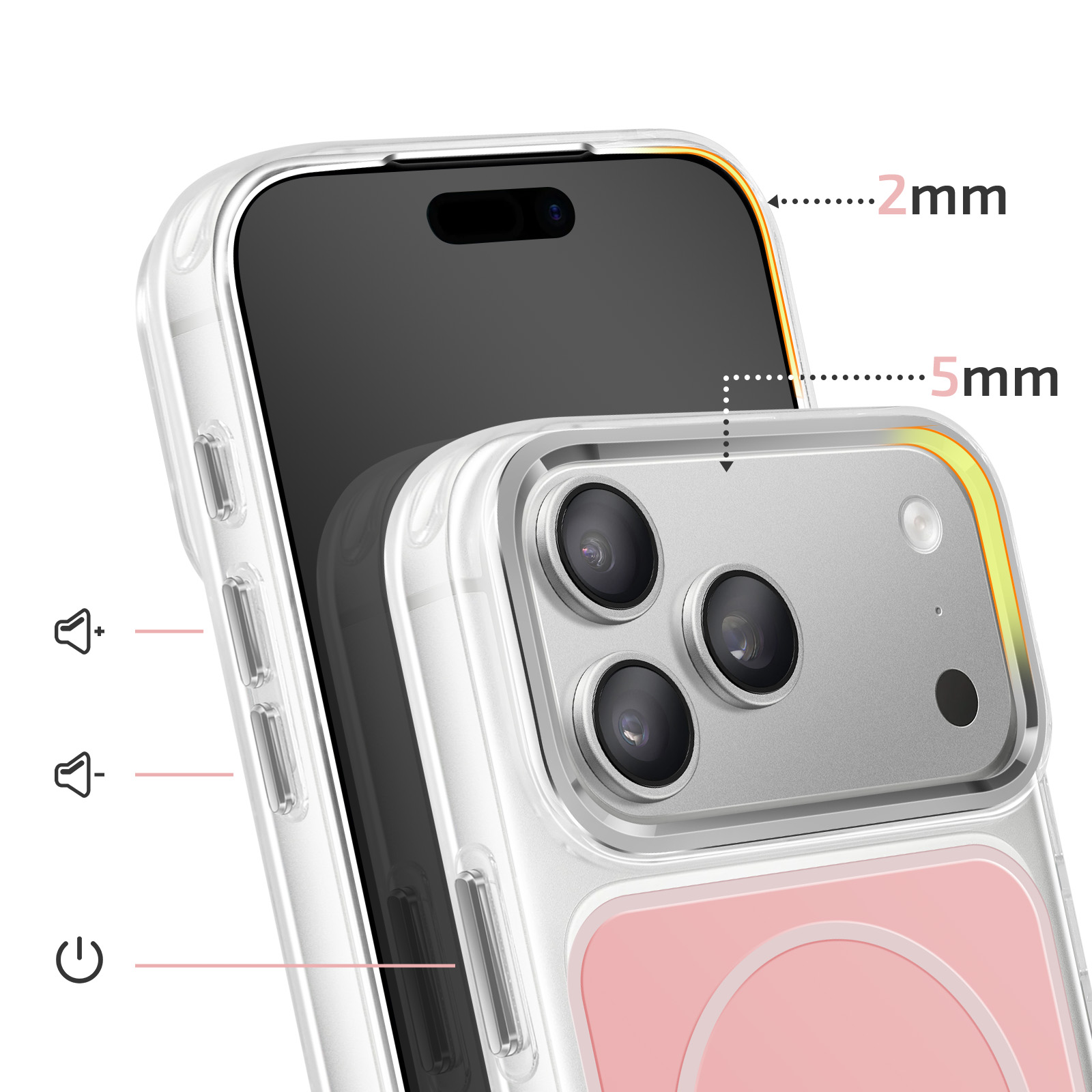Een doorzichtige telefoonhoes met camera-uitsparing en afmetingen.
