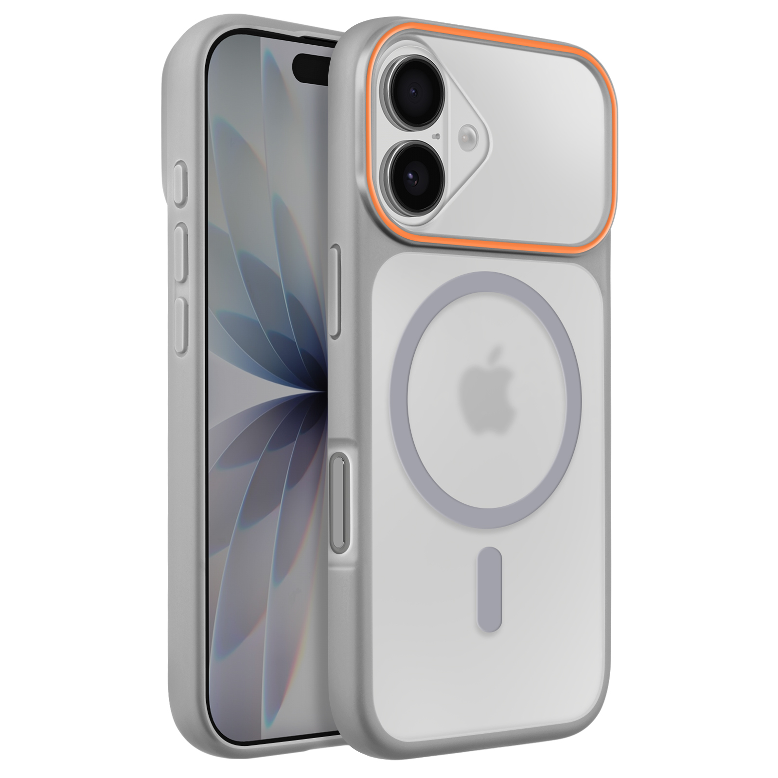 Prototype de coque iPhone argentée avec bordure orange et logo Apple visible.