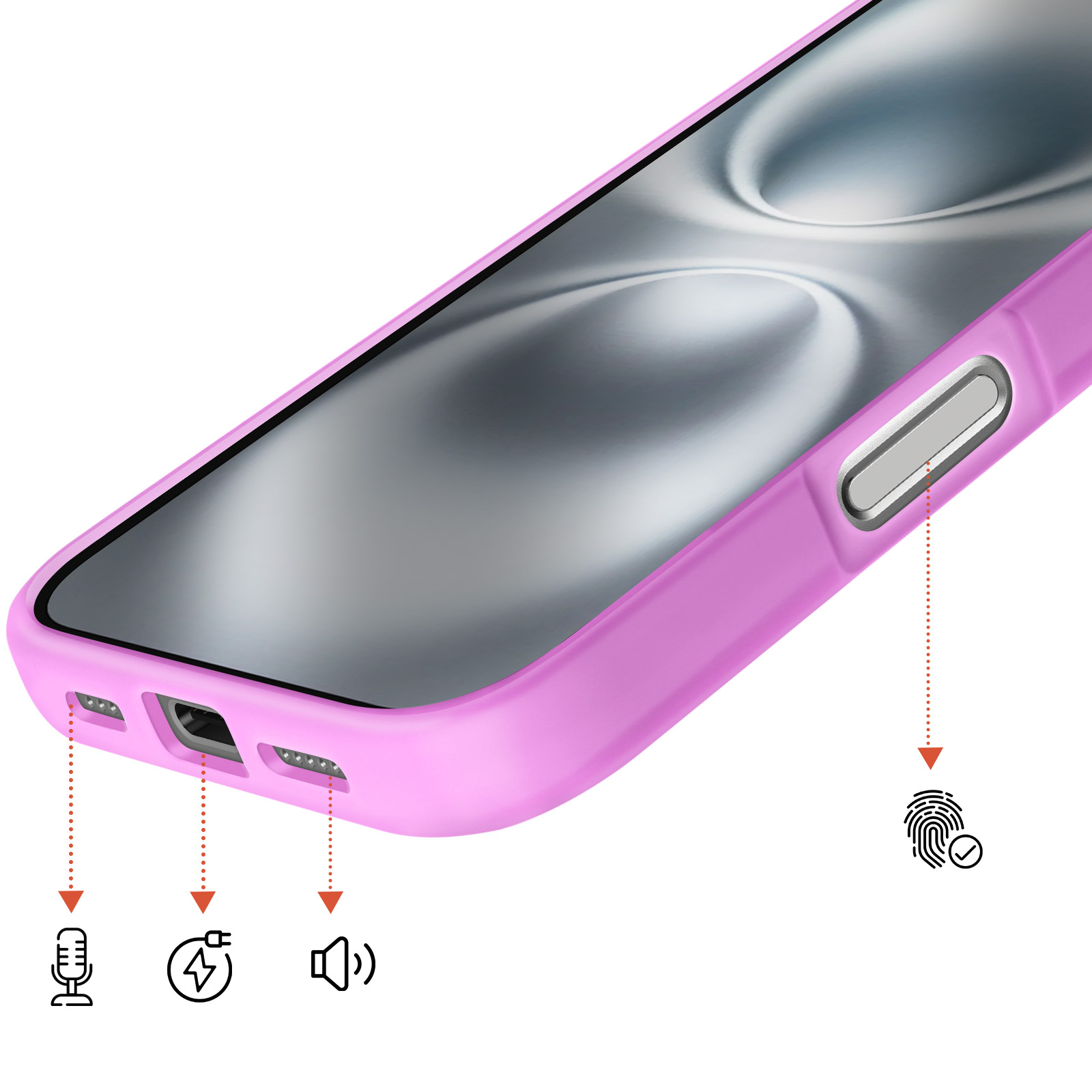Een roze telefoonhoes met pictogrammen voor microfoon, opladen en luidspreker.