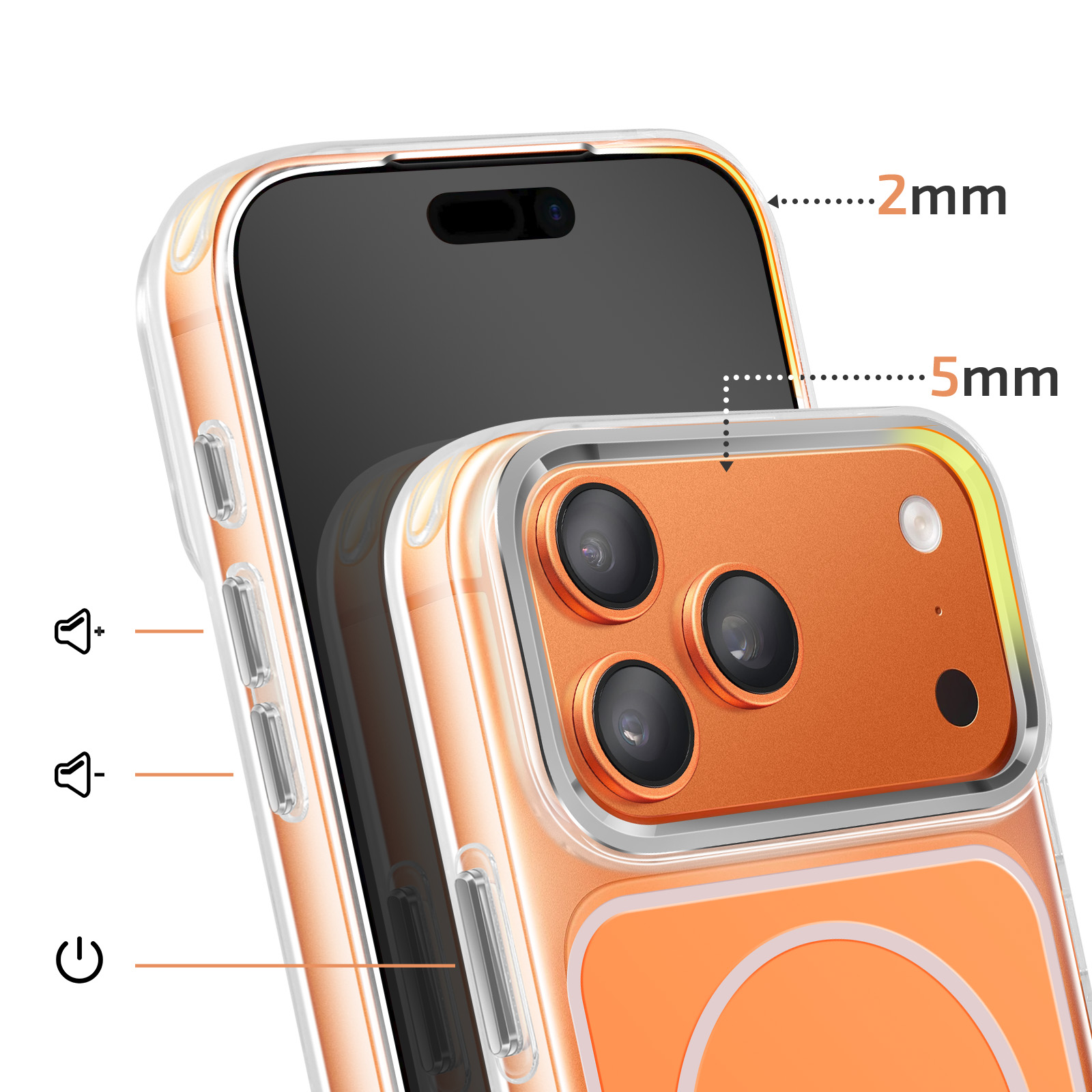 Transparante telefoonhoes met oranje accent, 2mm/5mm afmetingen.