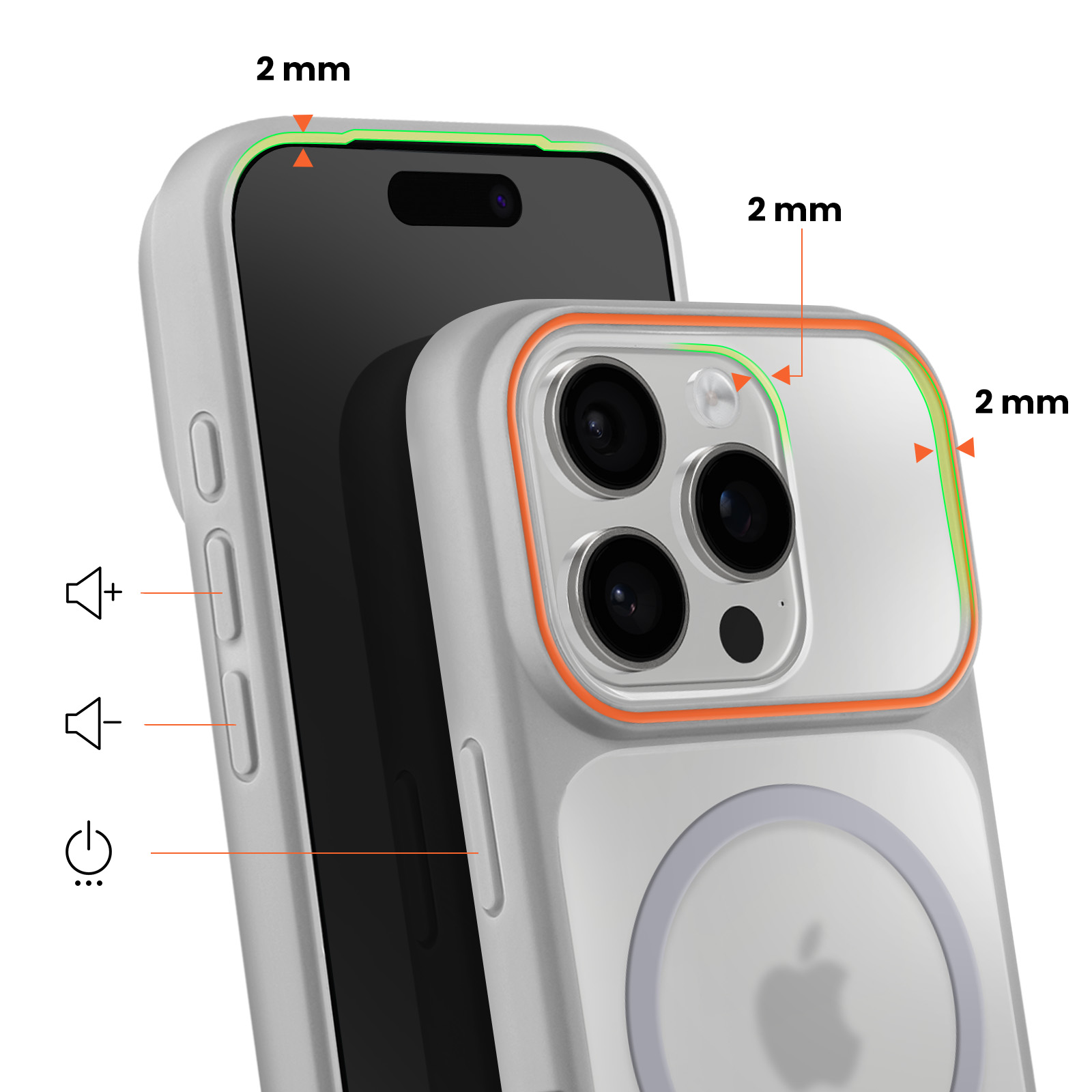 Grijze iPhone hoes met oranje en groene rand, toont 2mm dikte.