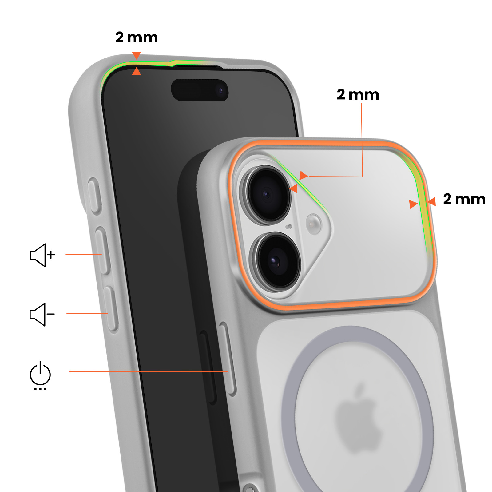 Coque grise pour iPhone avec accents orange et vert, protection 2mm.