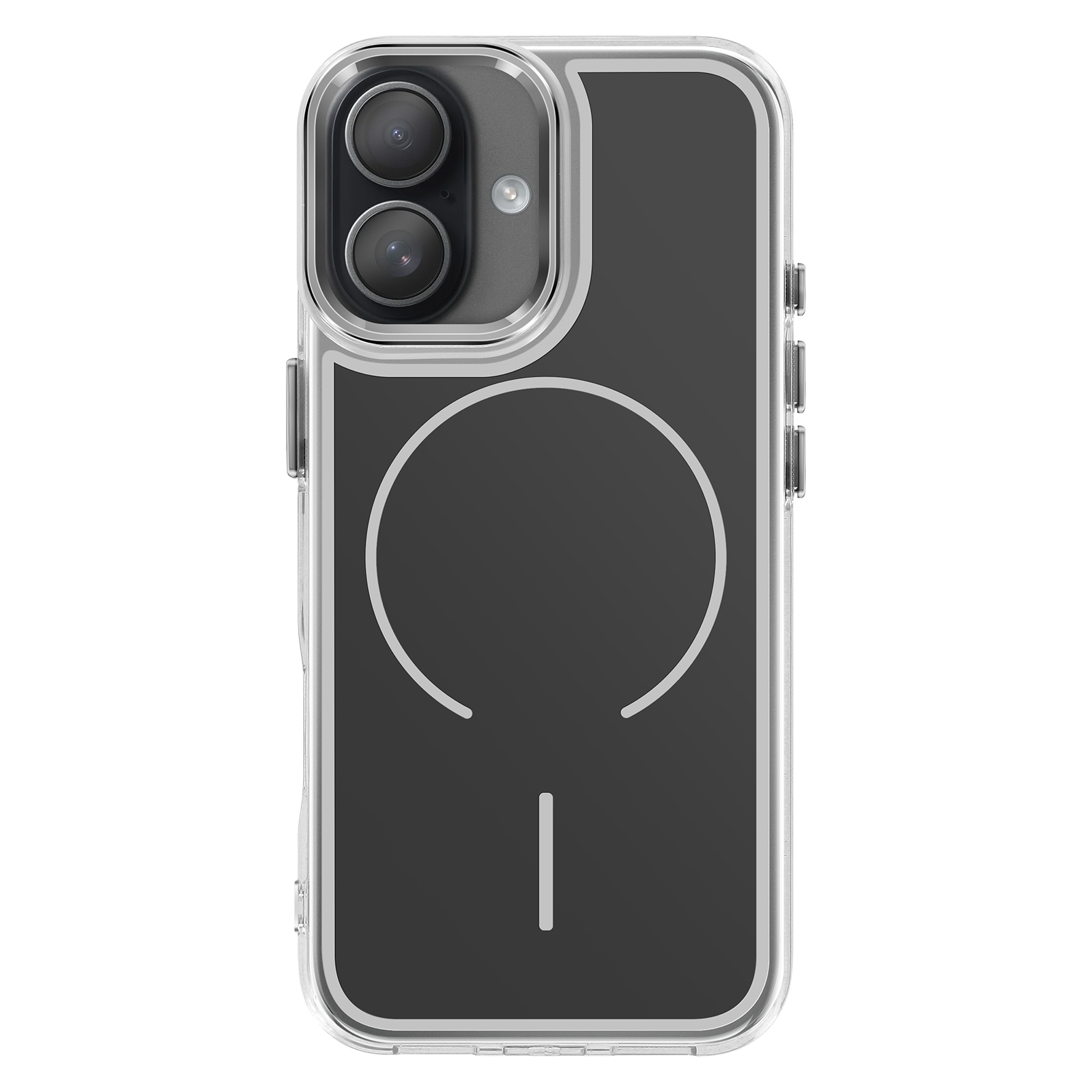 Custodia trasparente con due fotocamere, anello magnetico e codice.
