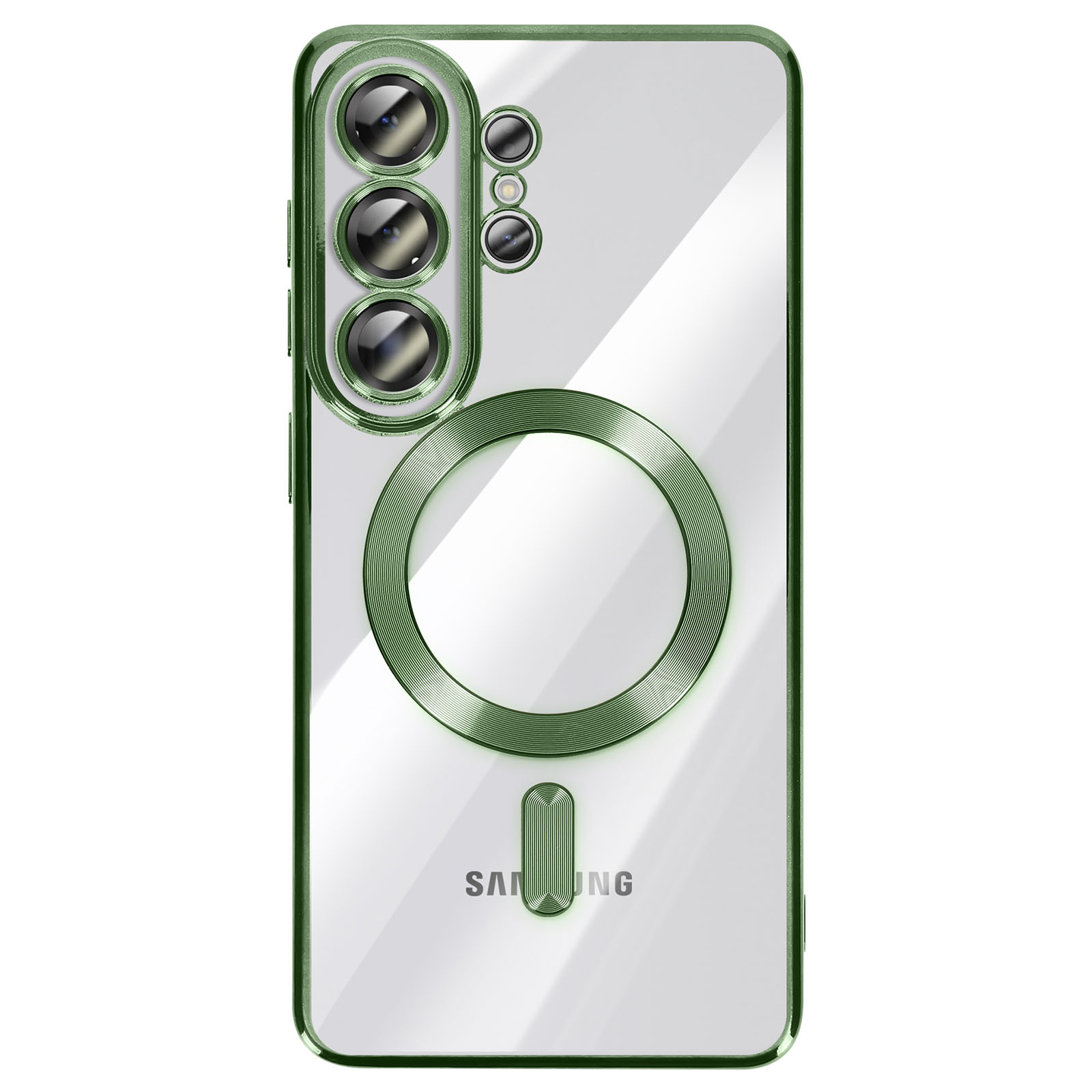 Coque de téléphone verte avec caméras et anneau magnétique.