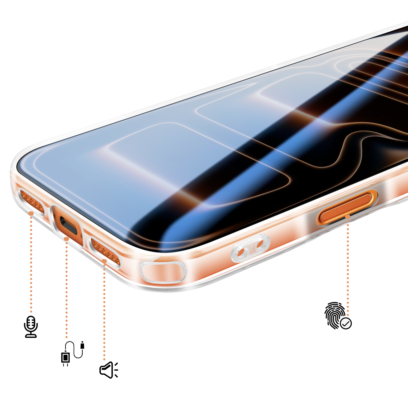 Transparante telefoonhoes met oranje rand, toont poorten en knoppen.