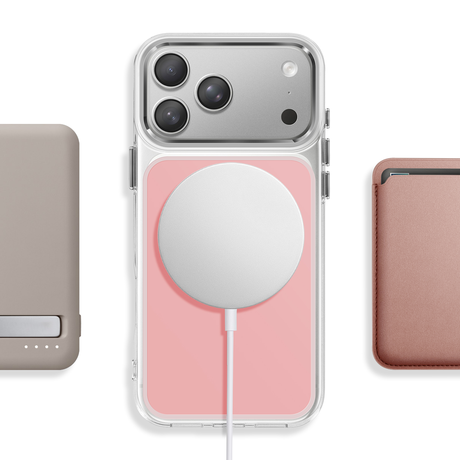 Un téléphone dans sa coque avec chargeur, à côté d'un porte-cartes marron.