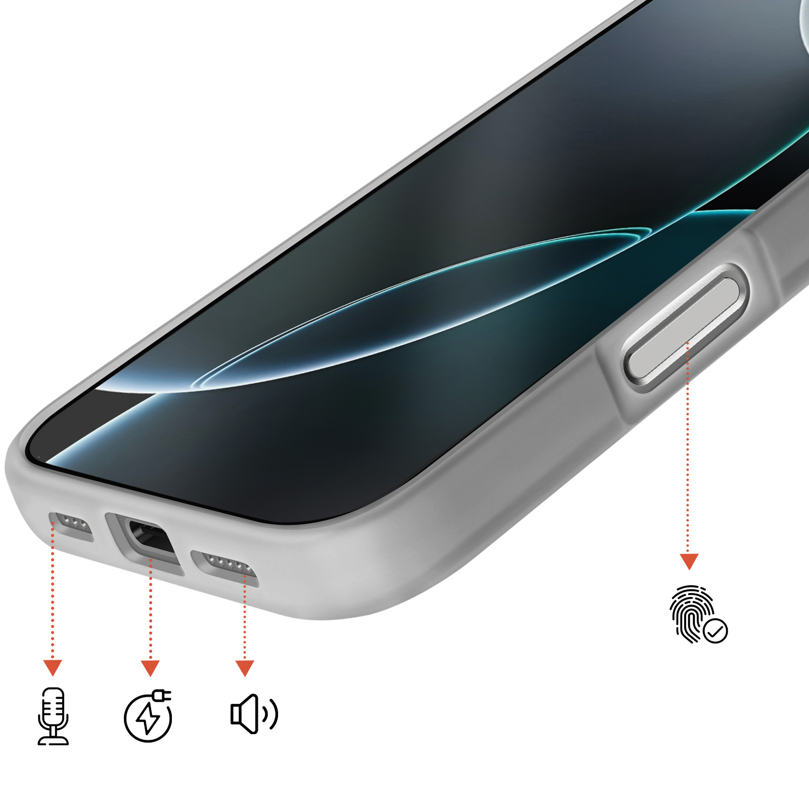 Grijze telefoonhoes met openingen voor luidspreker, opladen en microfoon.