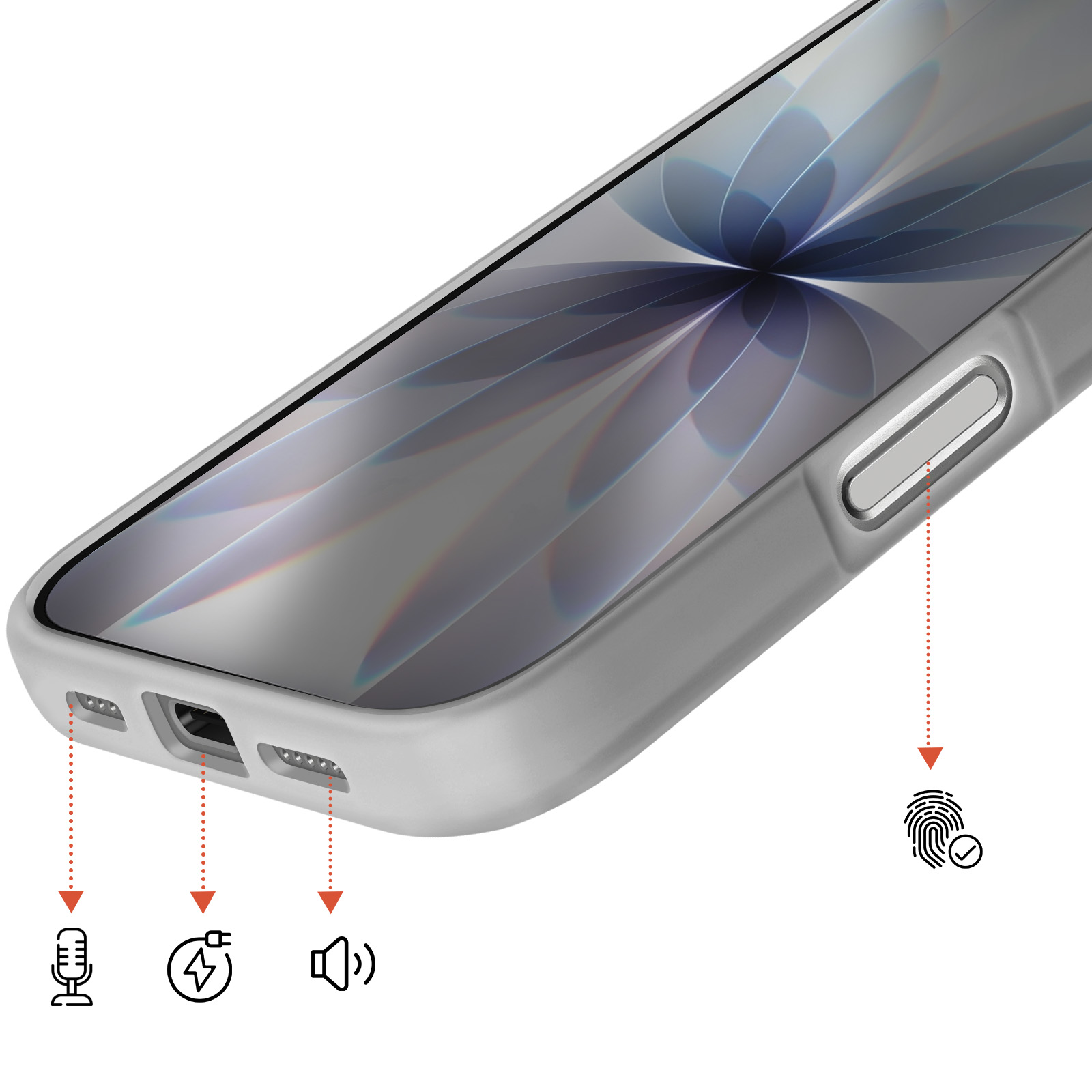 Téléphone gris avec icônes micro, charge, haut-parleur et empreinte.