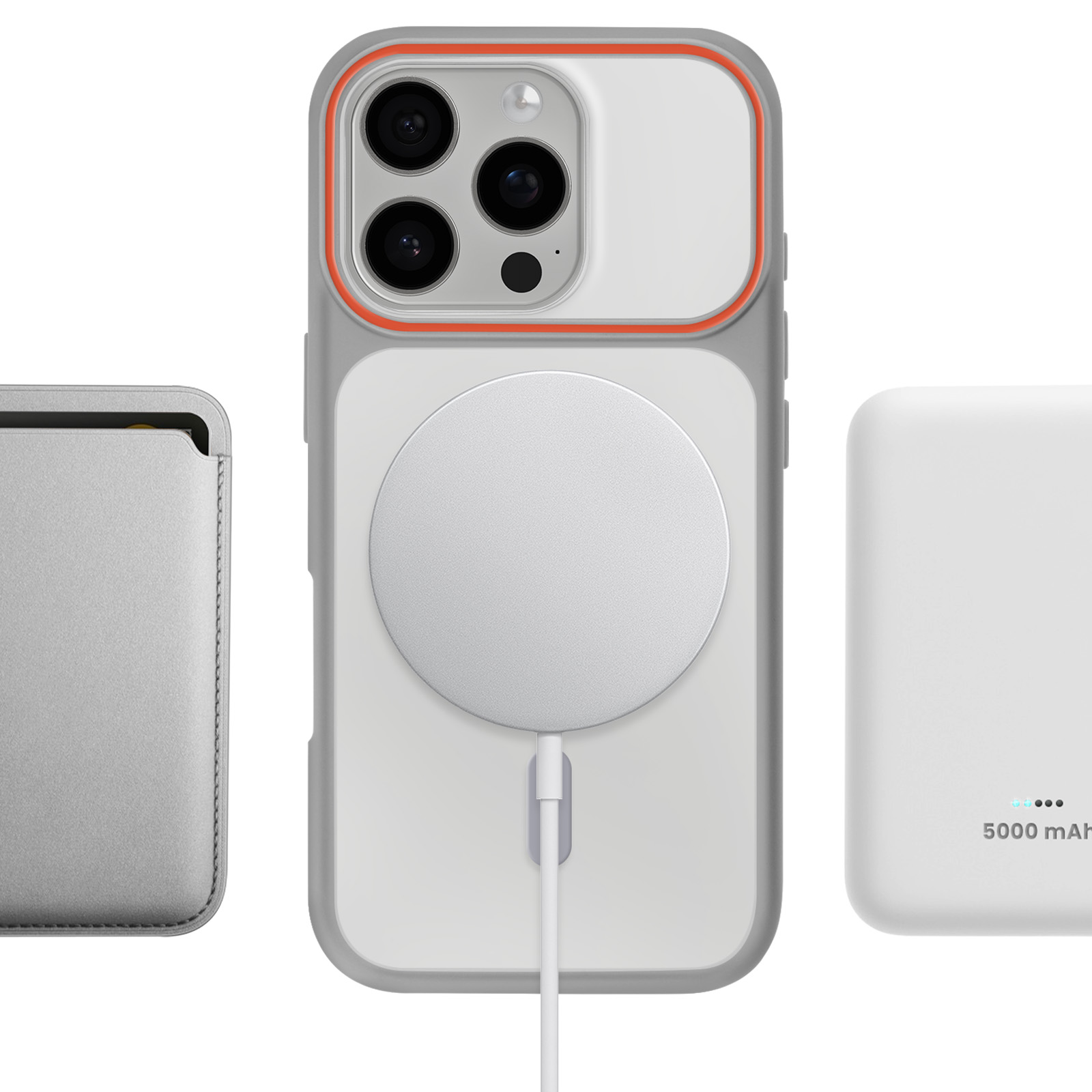 Een iPhone met MagSafe-oplader, kaarthouder en powerbank.