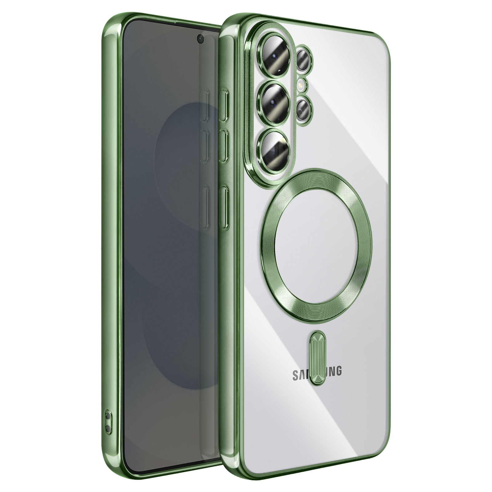 Téléphone vert avec coque transparente et bloc photo.
