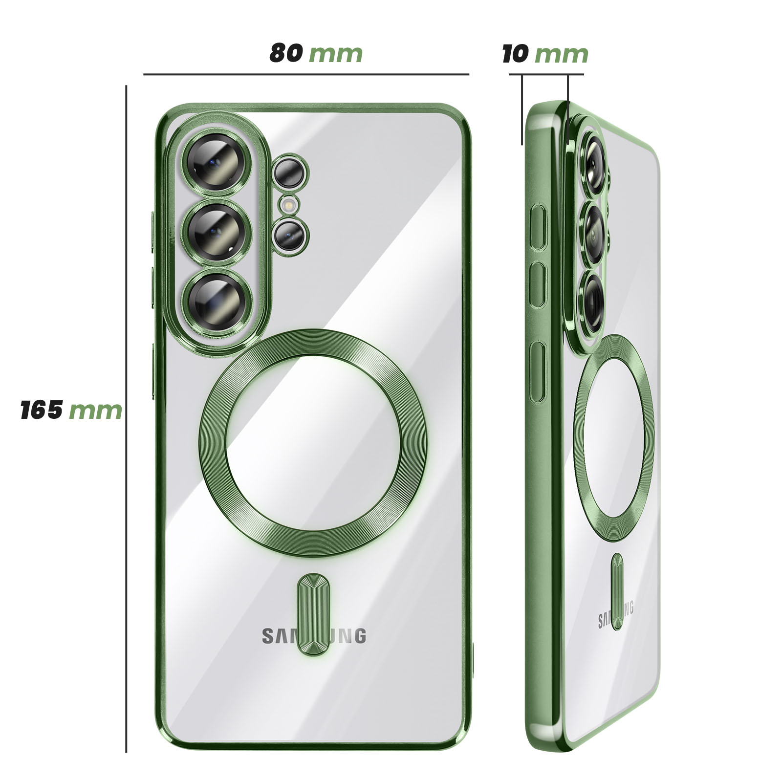 Coque de téléphone transparente avec accents verts, appareil photo et logo.