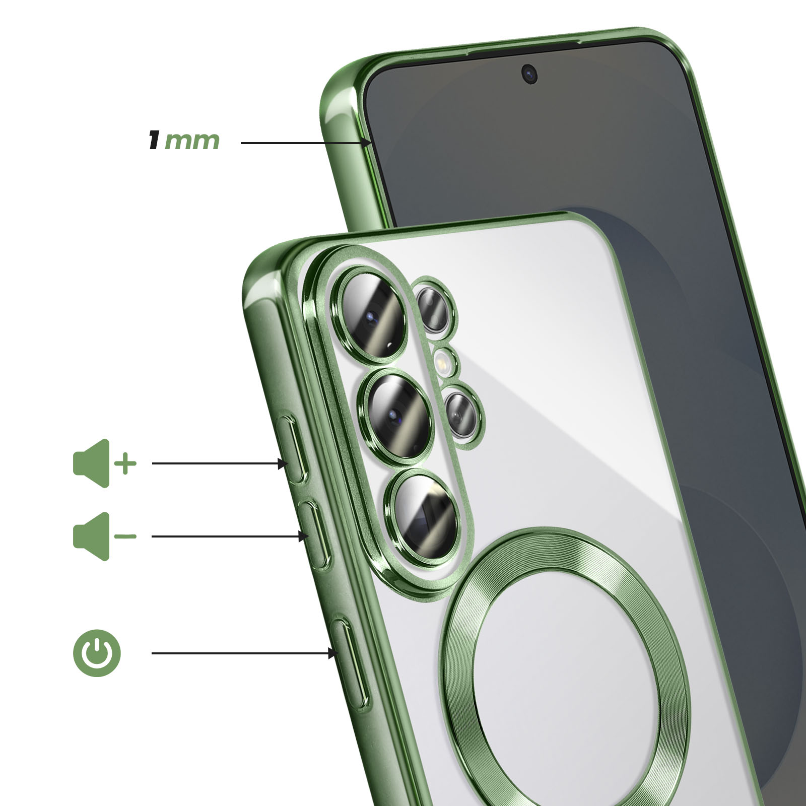 Coque de téléphone verte avec protection caméra et boutons volume.