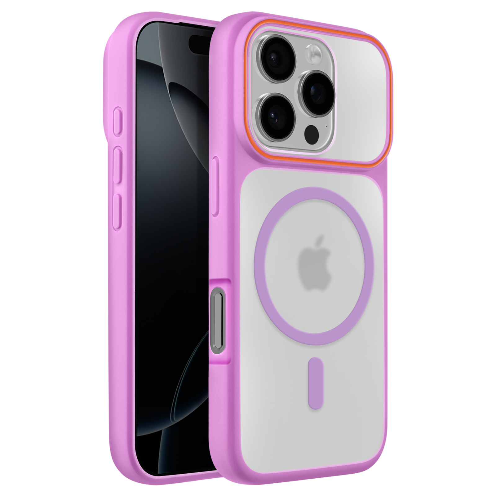 Une coque iPhone violette avec dos transparent et anneau MagSafe.