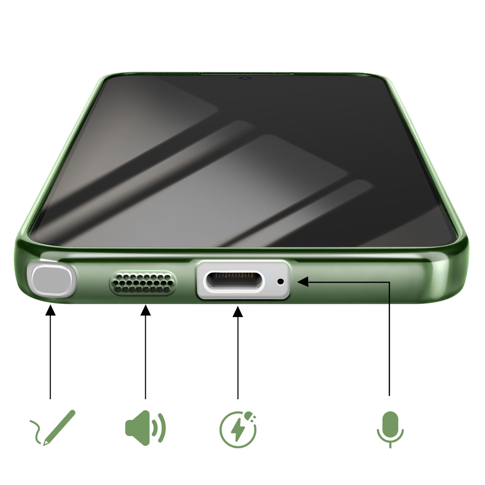 Smartphone vert avec ports inférieurs : stylet, haut-parleur, port de charge, micro.