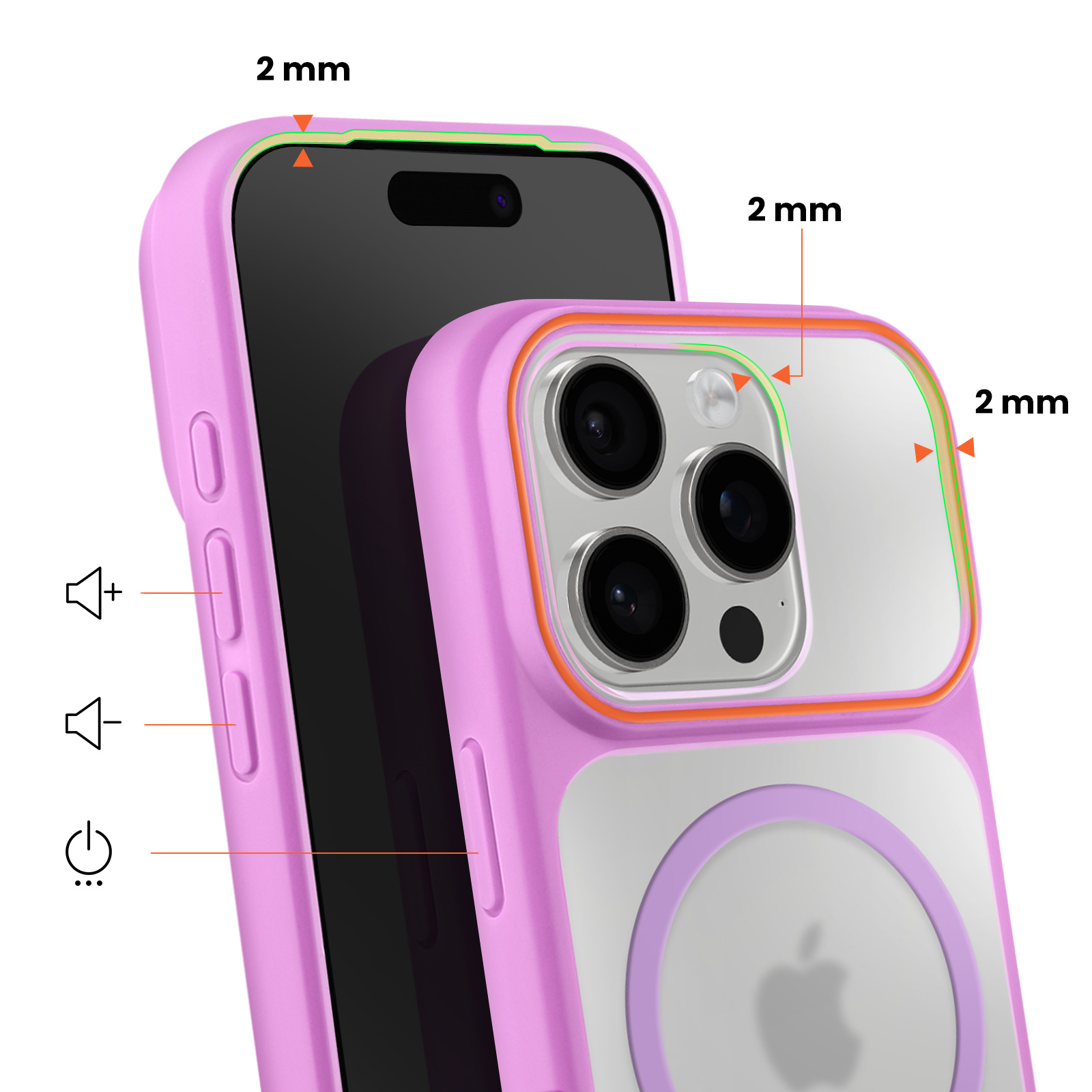 Une coque violette pour iPhone avec bords surélevés de 2 mm protégeant l'appareil photo et l'écran.