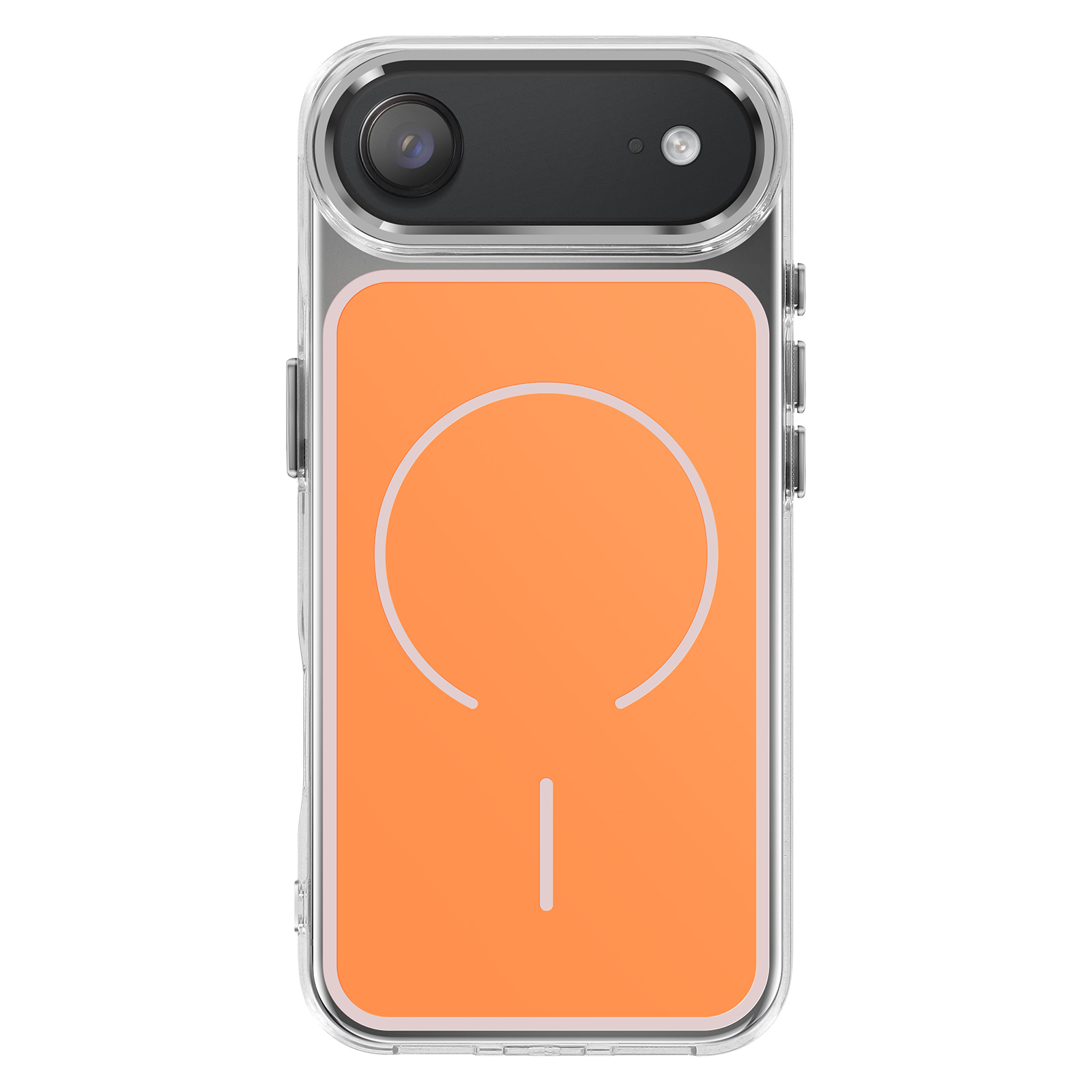 Doorzichtige iPhone hoes met oranje achterkant en oplaadcirkel.