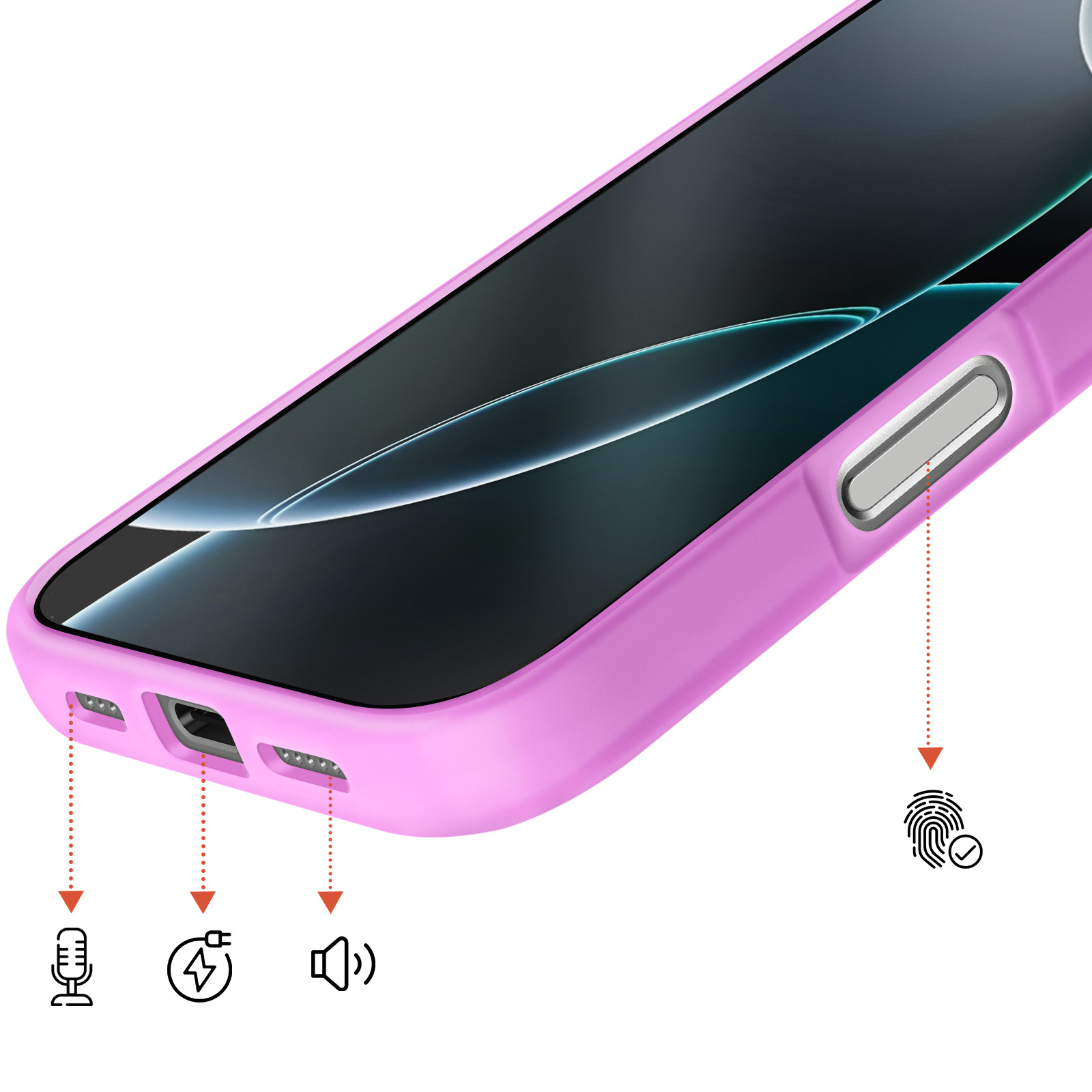 Coque de téléphone violette avec découpes pour microphone, port de charge et haut-parleur.