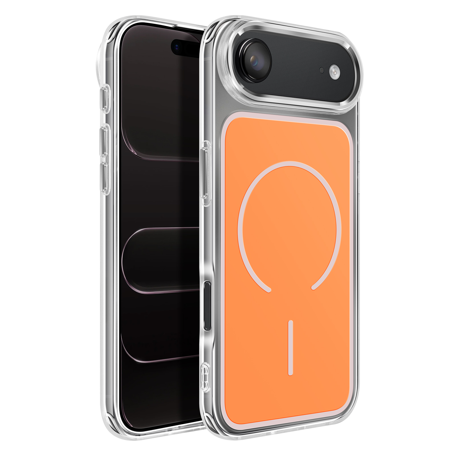 Doorzichtige telefoonhoes met oranje achterkant en magnetische cirkel.
