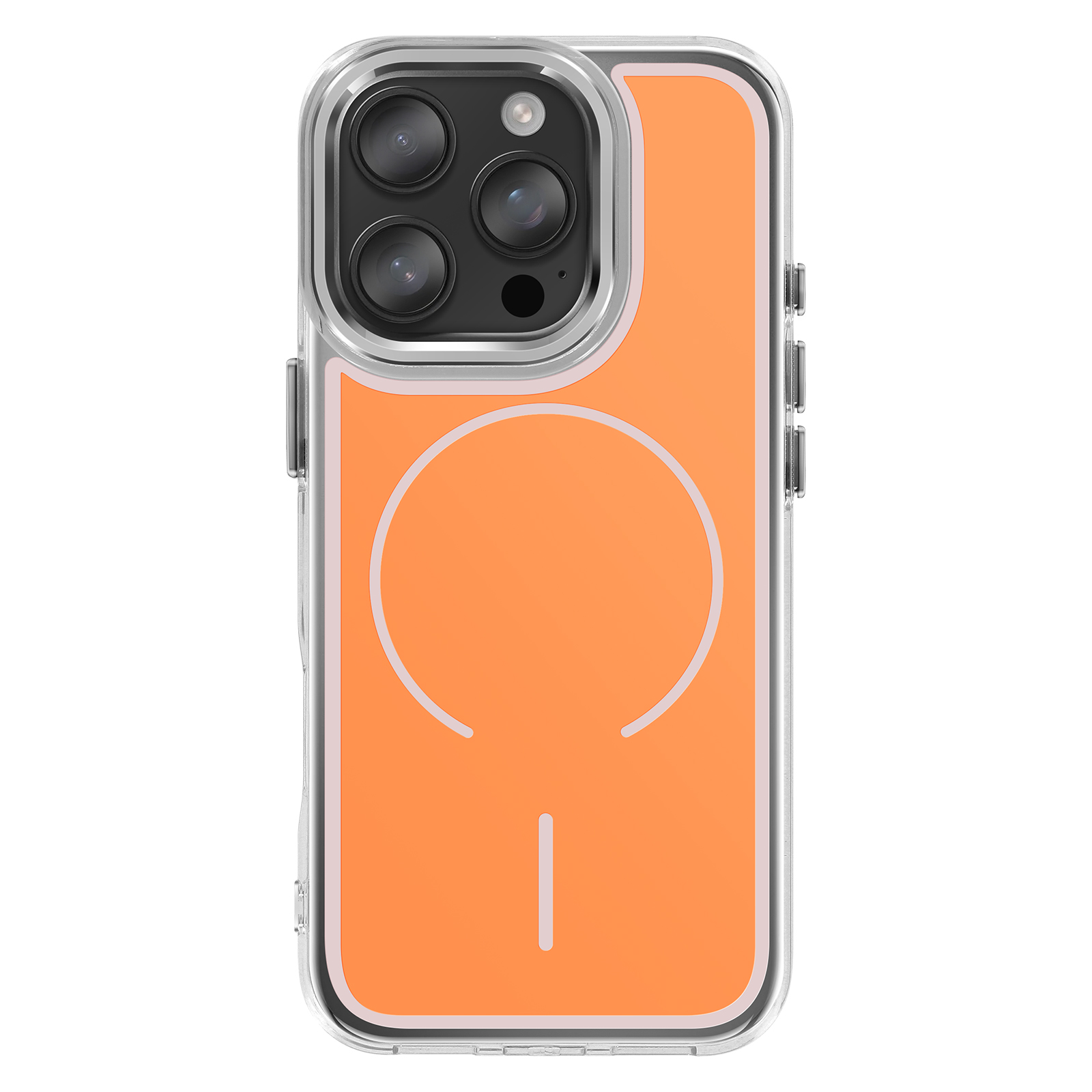 Transparante telefoonhoes met oranje inzetstuk en cameramodule.
