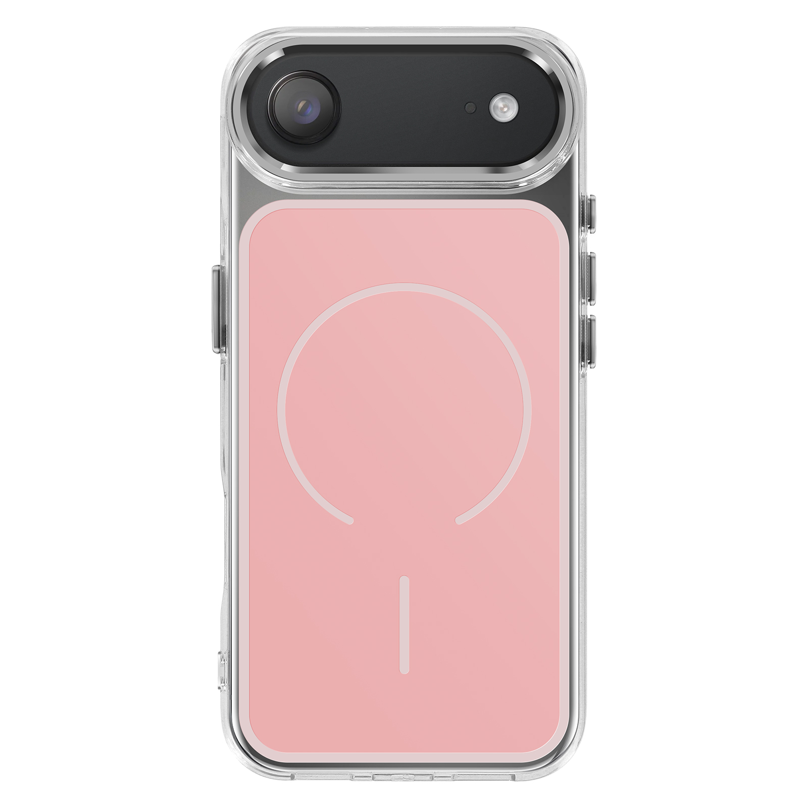Een roze iPhone in een doorzichtige hoes met cameralens.