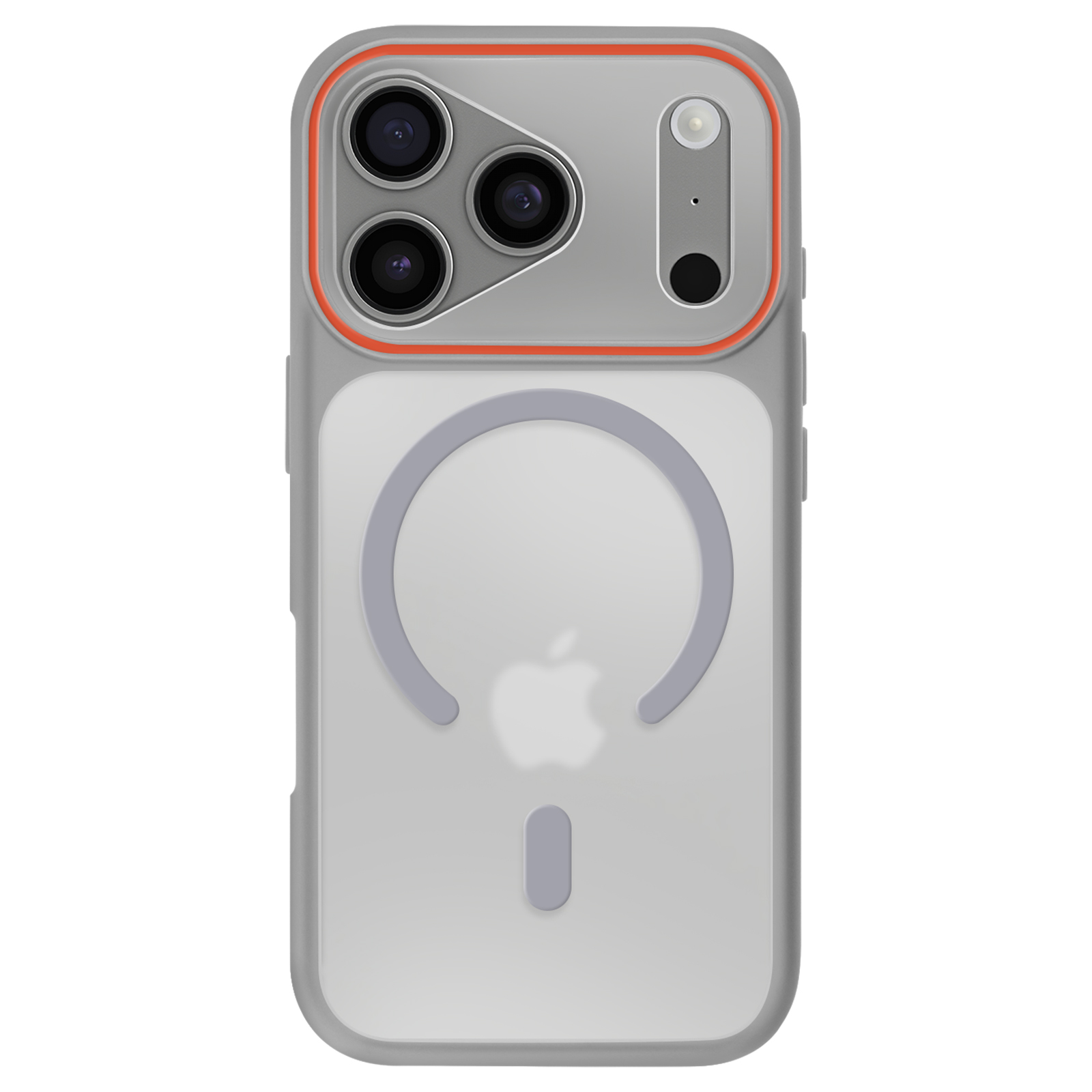 Grijze telefoonhoes met camera's en oranje rand.