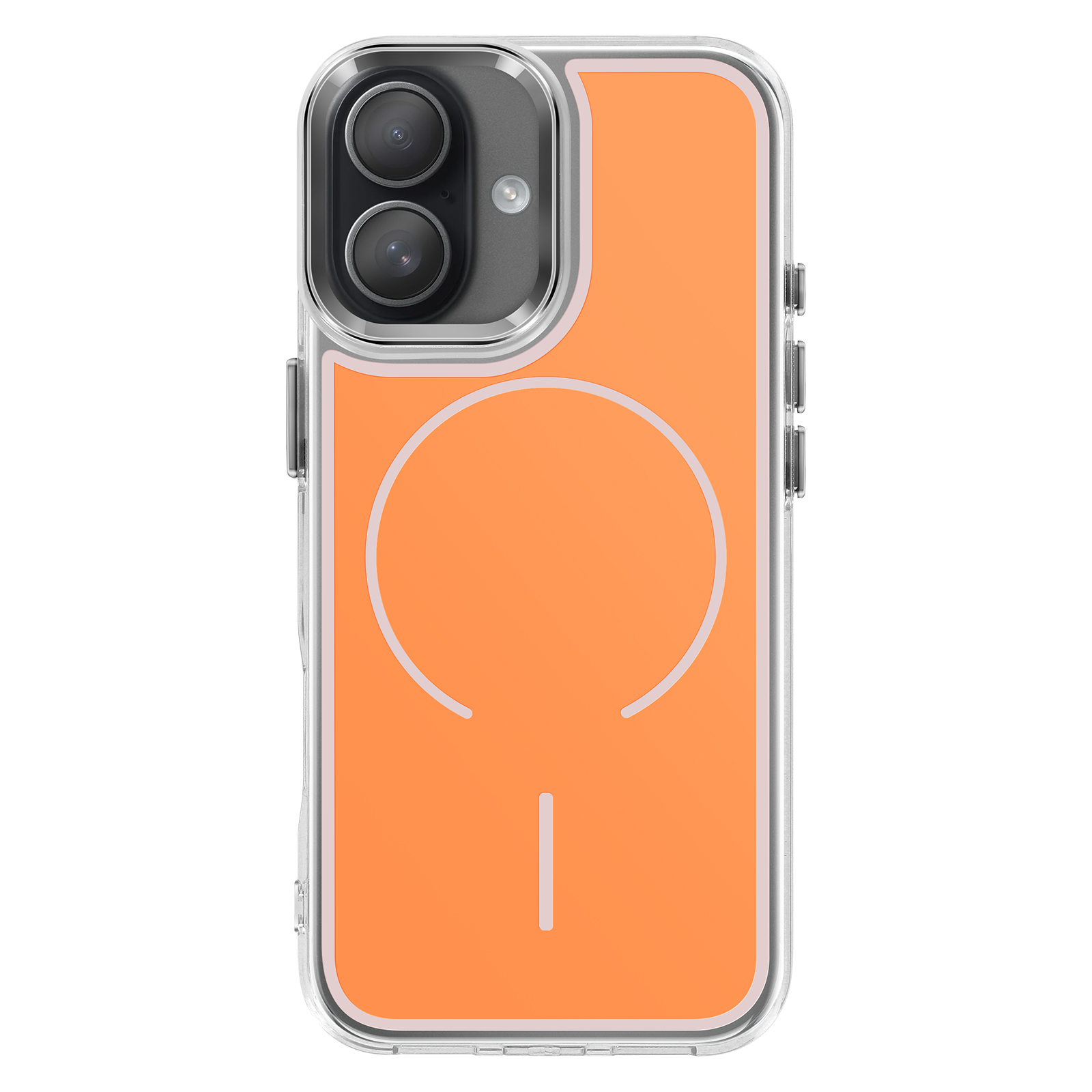 Transparante hoes met oranje inzetstuk en cameramodule.