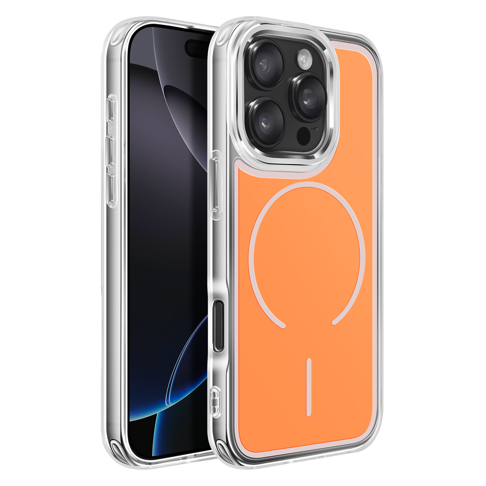 Een doorzichtige telefoonhoes met oranje inzetstuk en cameramodule.