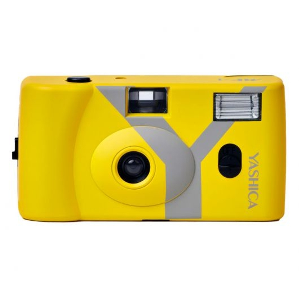 Una fotocamera Yashica gialla con accenti grigi e flash.