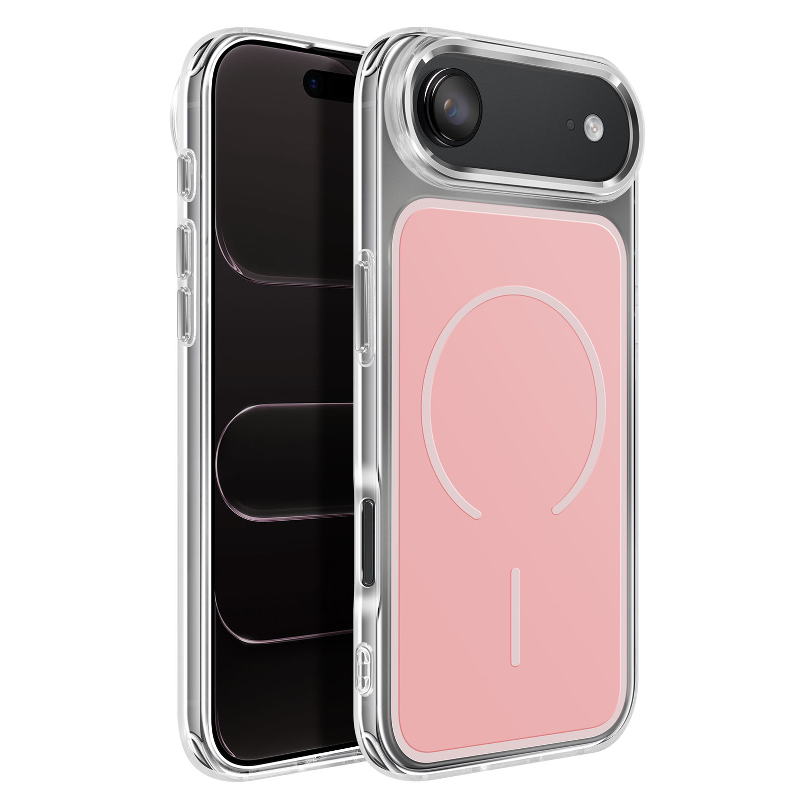 Een doorzichtige telefoonhoes met een roze achterkant en camera. Toont een telefoon.