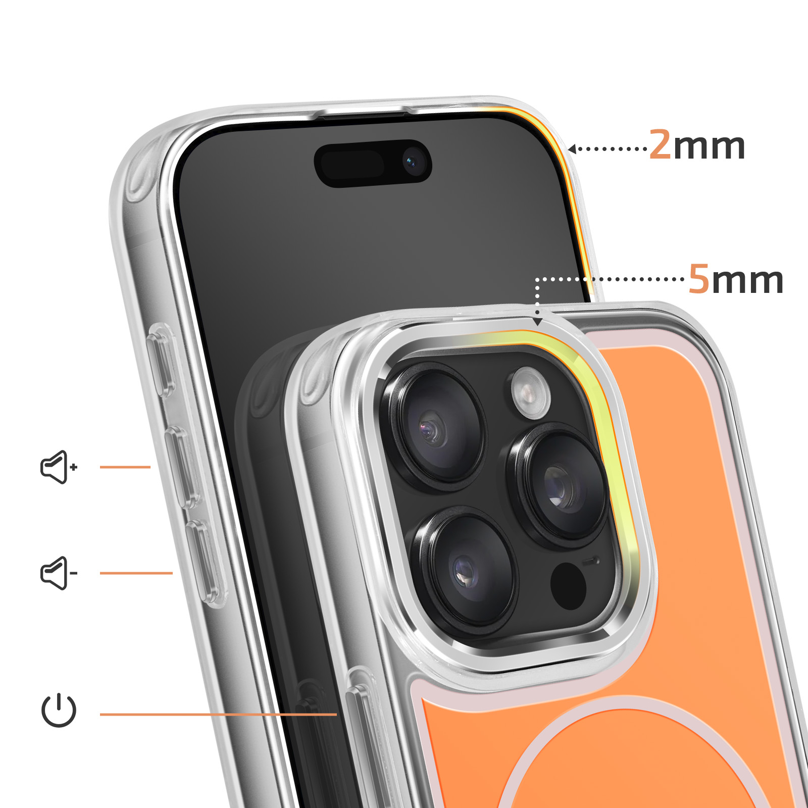Doorzichtige telefoonhoes met nadruk op randen en cameralenzen.