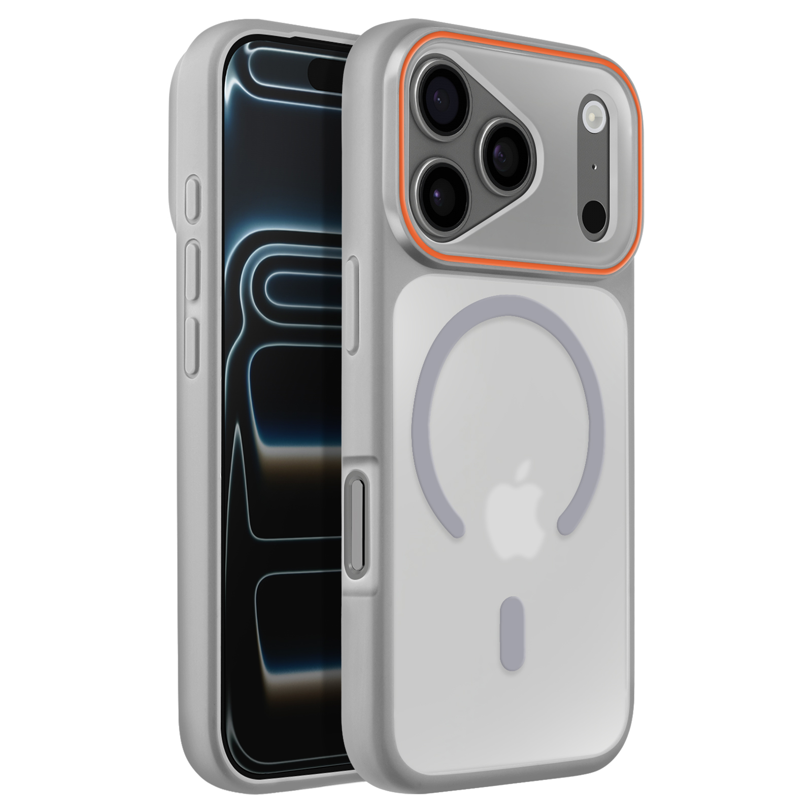 Grijze telefoonhoes met oranje cameraring, op witte achtergrond.