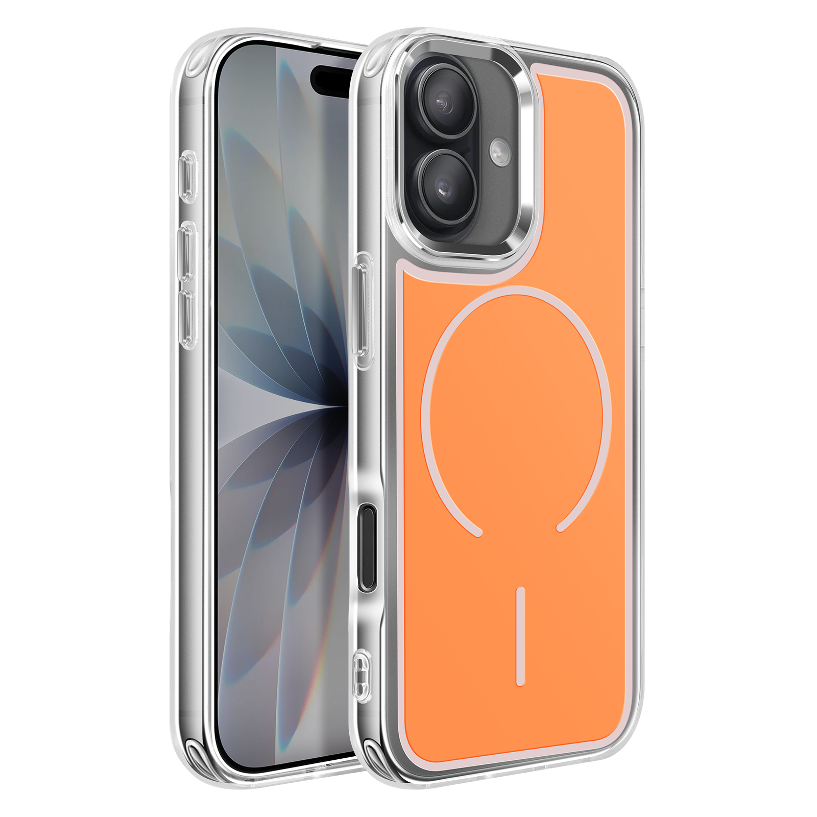 Transparante hoes met oranje achterkant voor een telefoon met twee camera's.