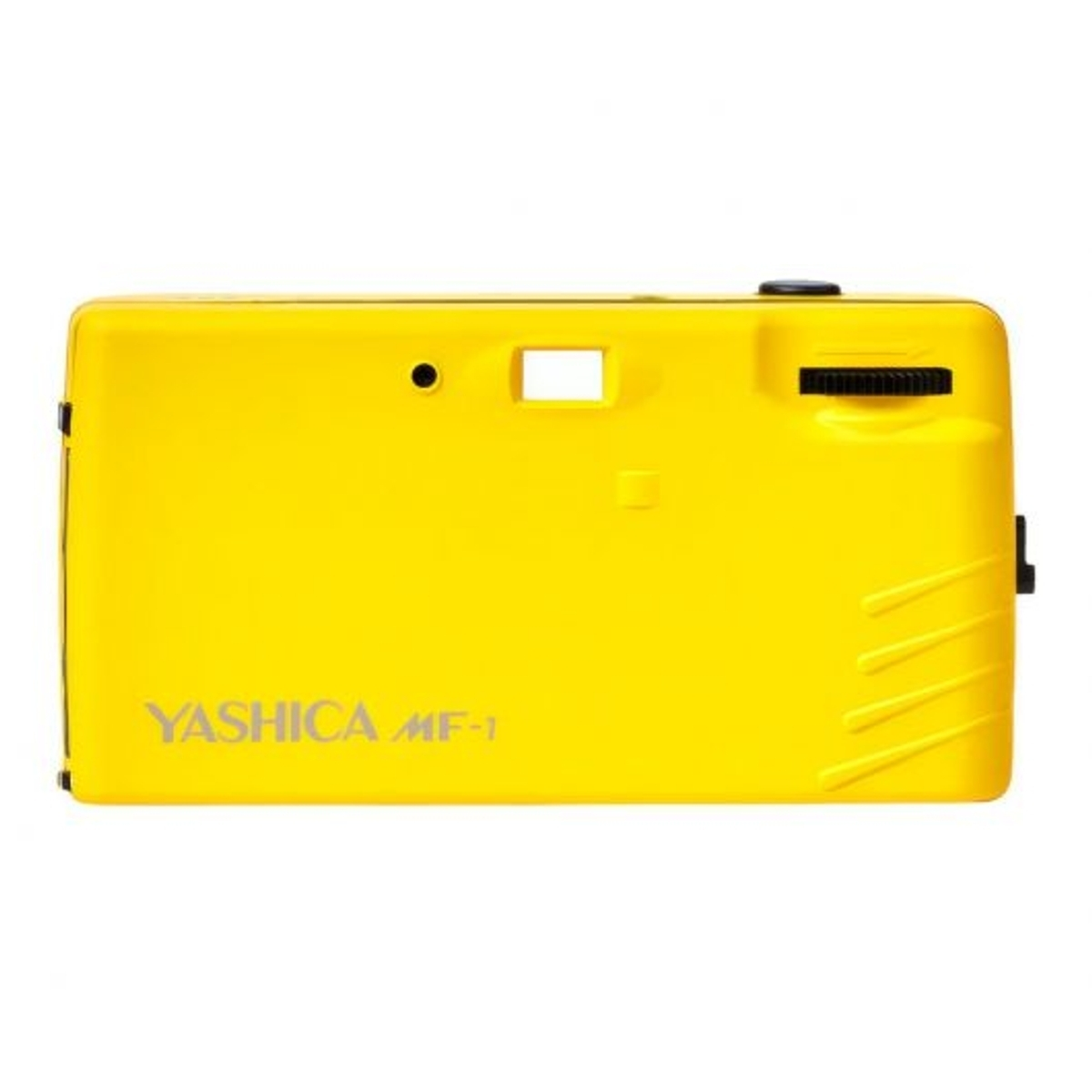 Una fotocamera Yashica MF-1 gialla con mirino e manopola.