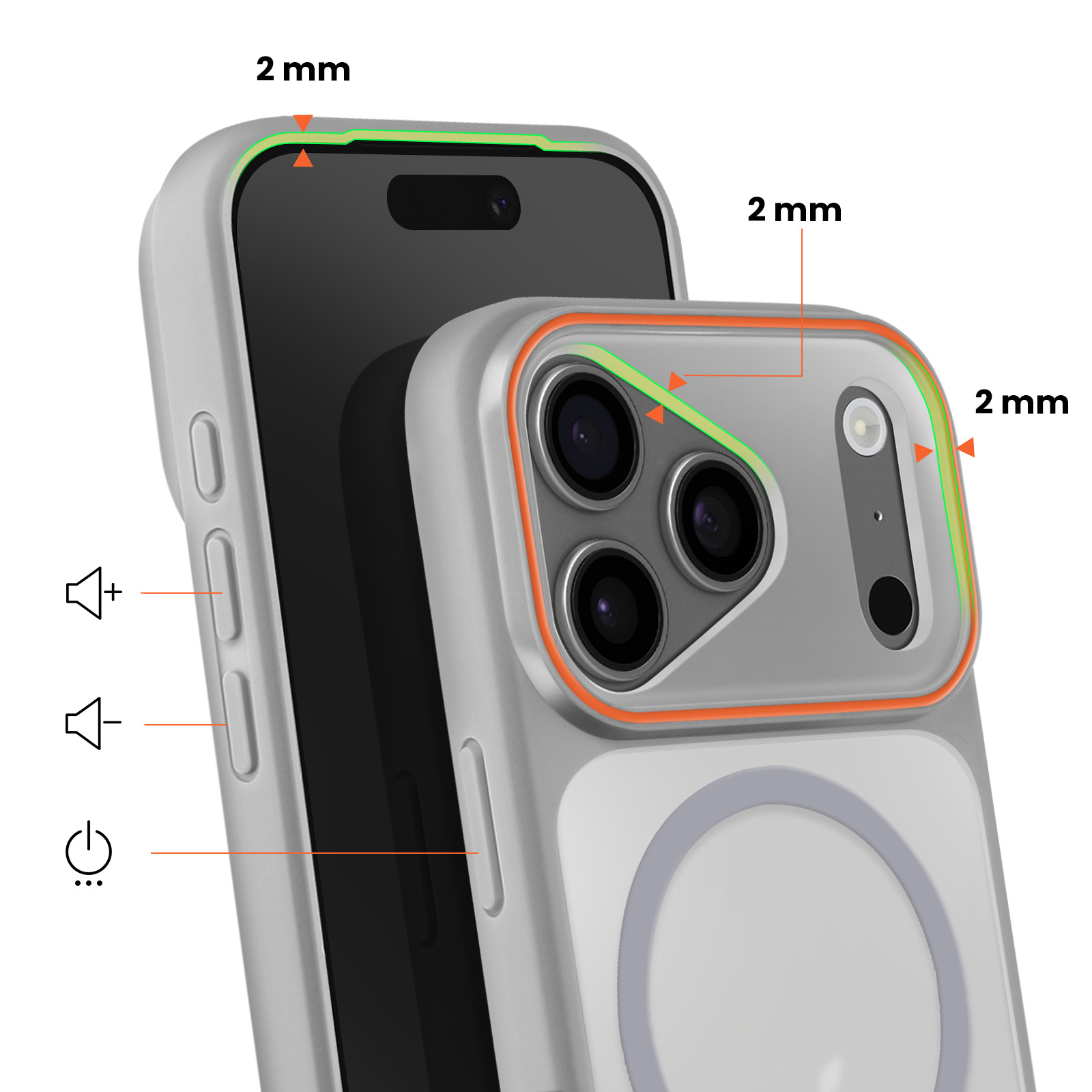 Grijze telefoonhoes met 2 mm bescherming rond camera's en scherm.
