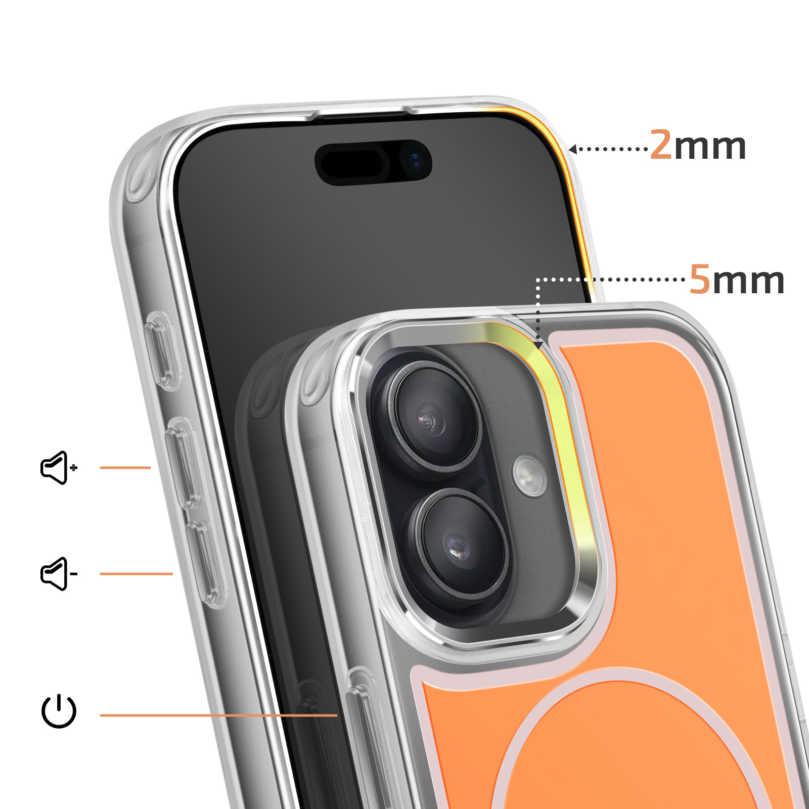 Een doorzichtige telefoonhoes met oranje inzet en afmetingen.