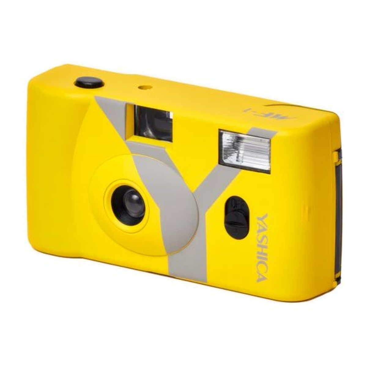 Una fotocamera Yashica gialla con accenti grigi e flash.