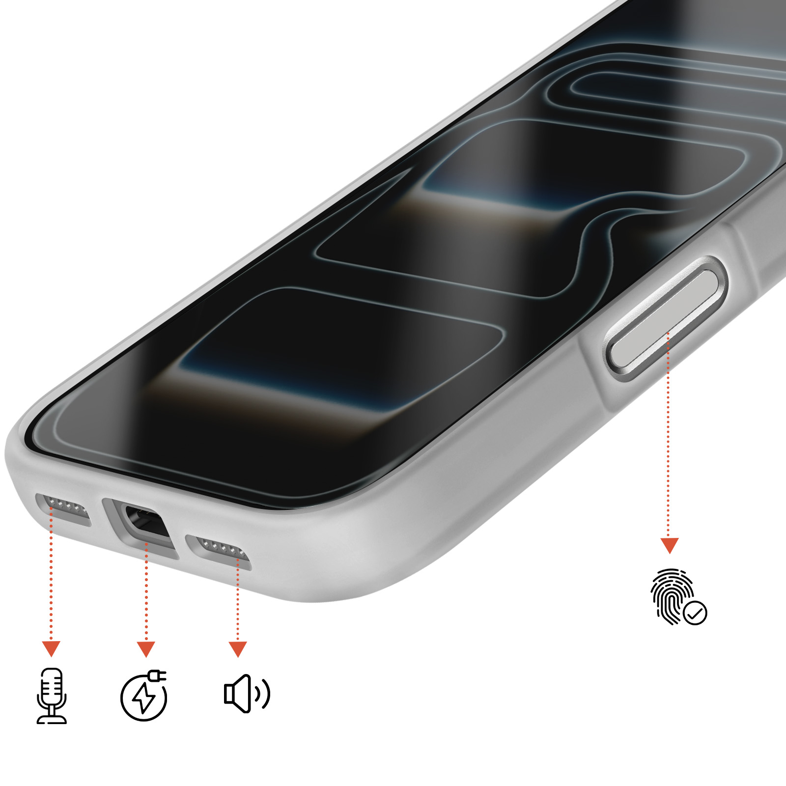 Grijze telefoonhoes met pictogrammen voor microfoon, opladen, volume en vingerafdruk.