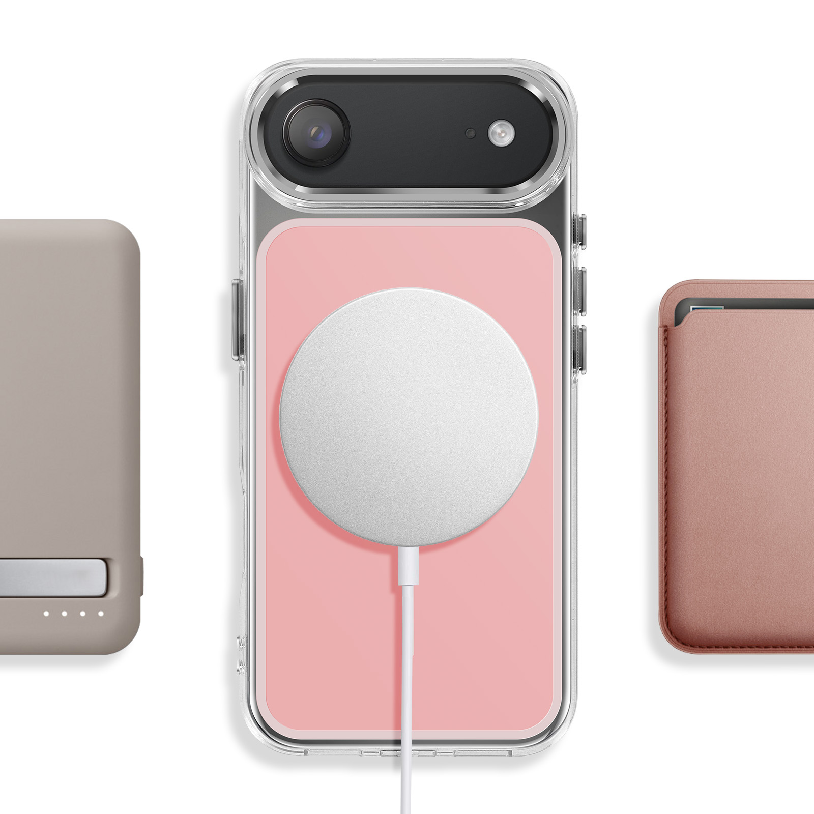 Een doorzichtige telefoonhoes met een roze achtergrond en een witte cirkel.