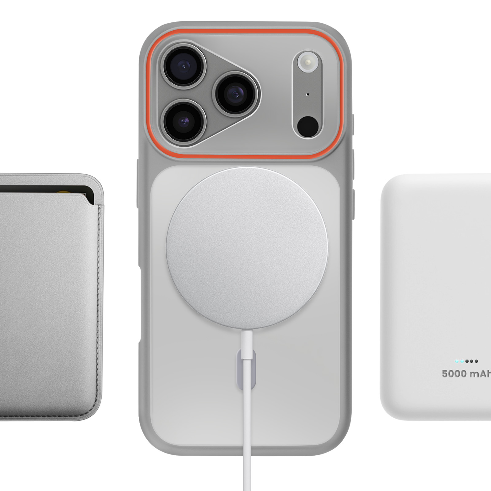 Grijze telefoon met MagSafe-oplader, kaarthouder en powerbank