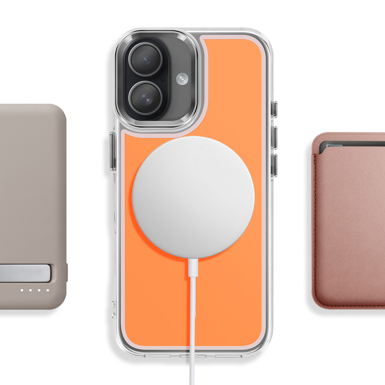 Een telefoon in hoes met oplaadkabel en twee accessoires.