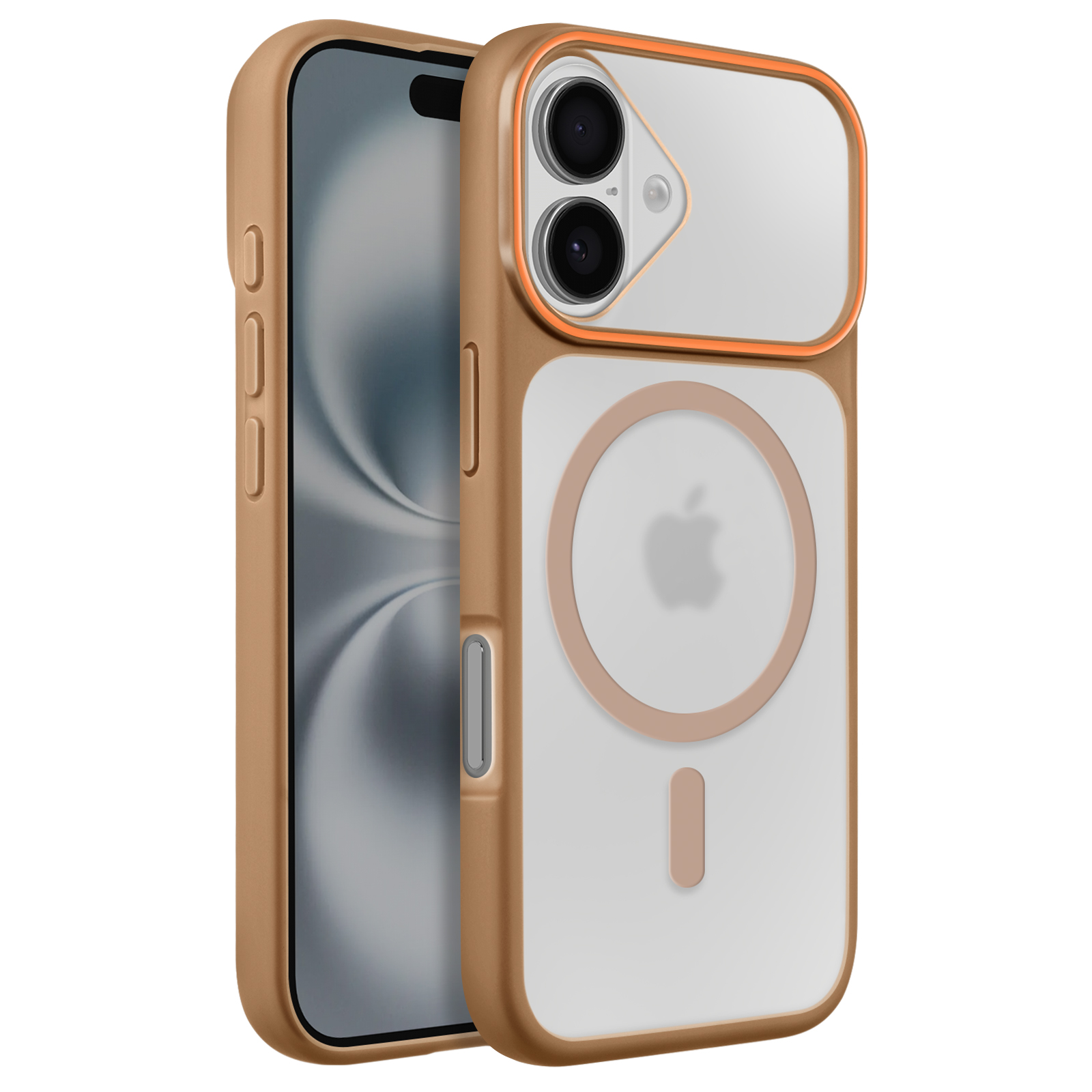 Een bruine telefoonhoes met doorzichtige achterkant en oranje camera-accent.