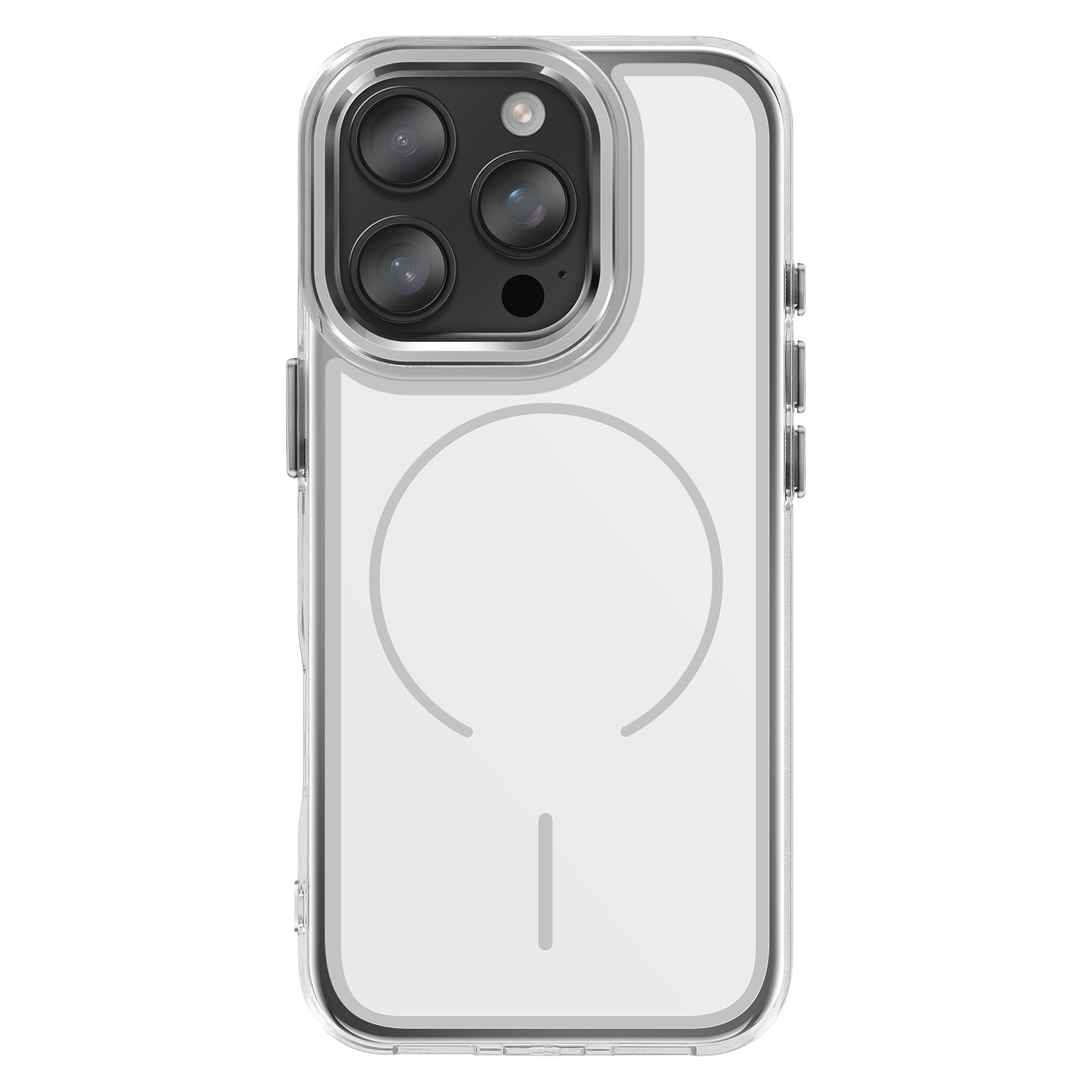 Doorzichtig hoesje met drie cameralenzen en magnetische cirkel.