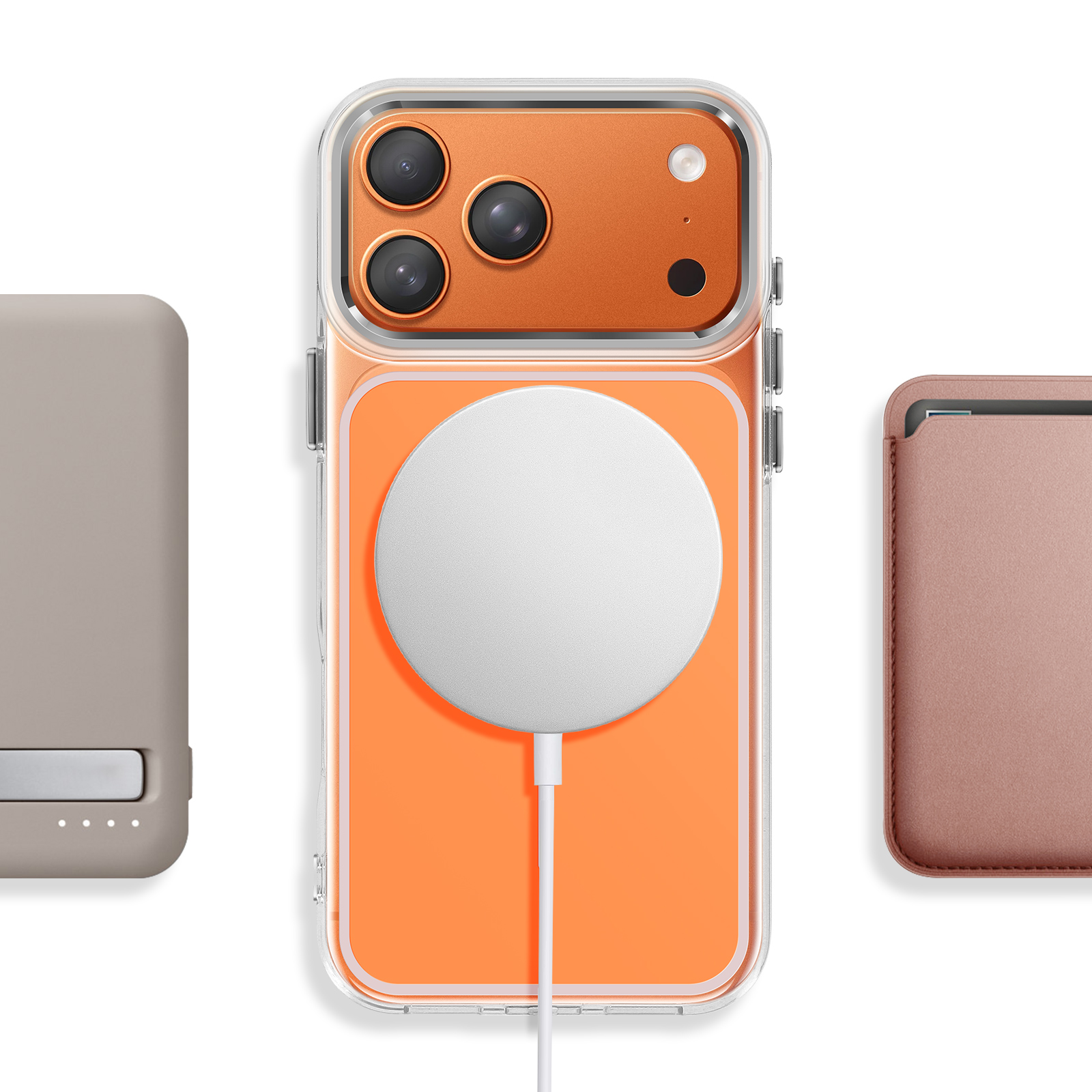 Coque iPhone orange avec chargeur MagSafe, étui de chargement gris et porte-cartes rose.