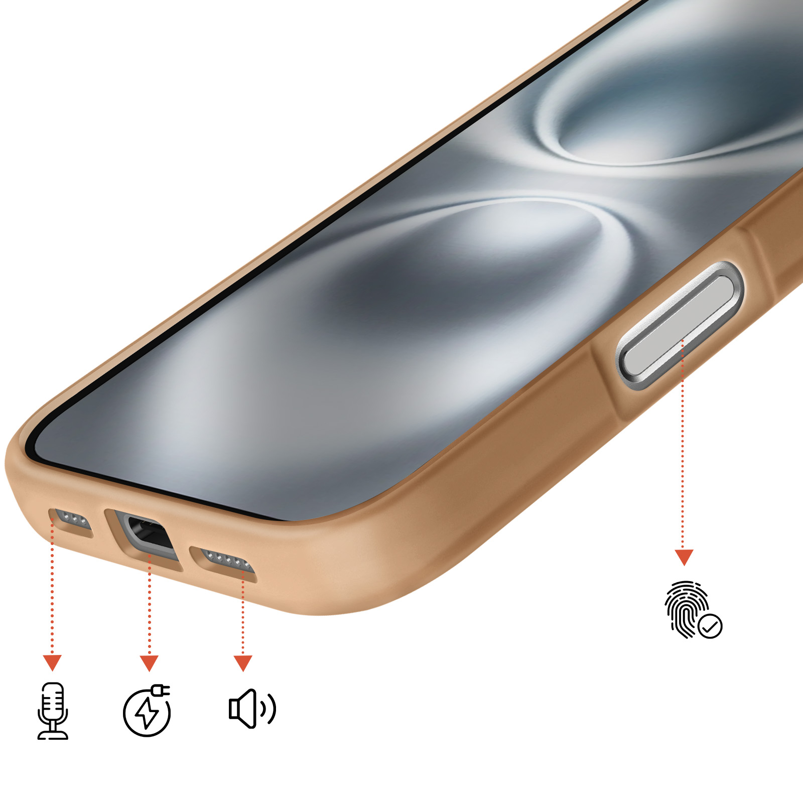 Een beige telefoonhoes met markeringen voor microfoon, oplaadpoort en luidspreker, plus vingerprint.