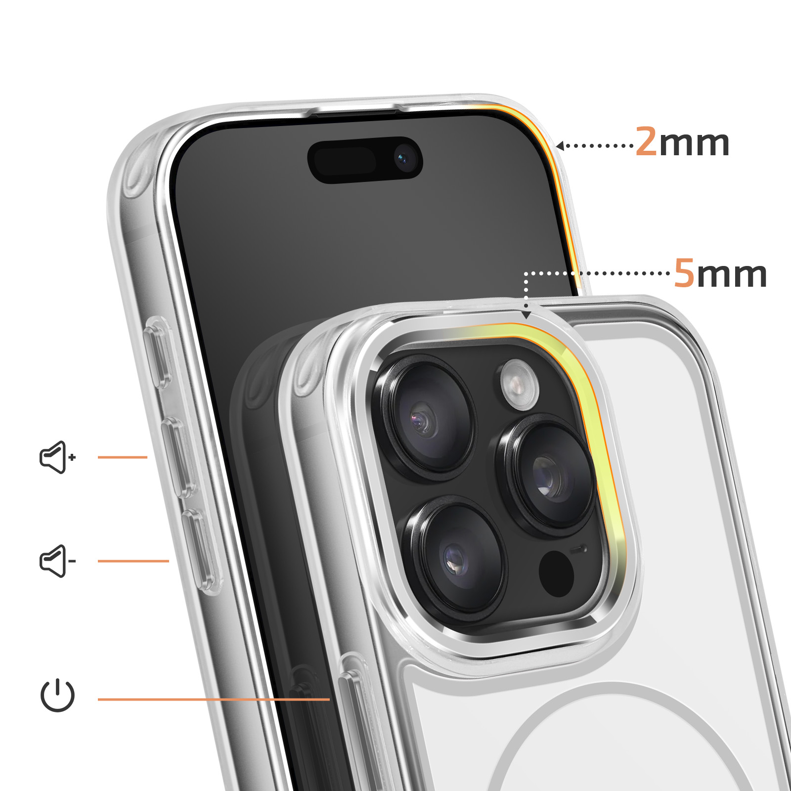 Doorzichtige telefoonhoes met cameradetails en maatindicatoren.