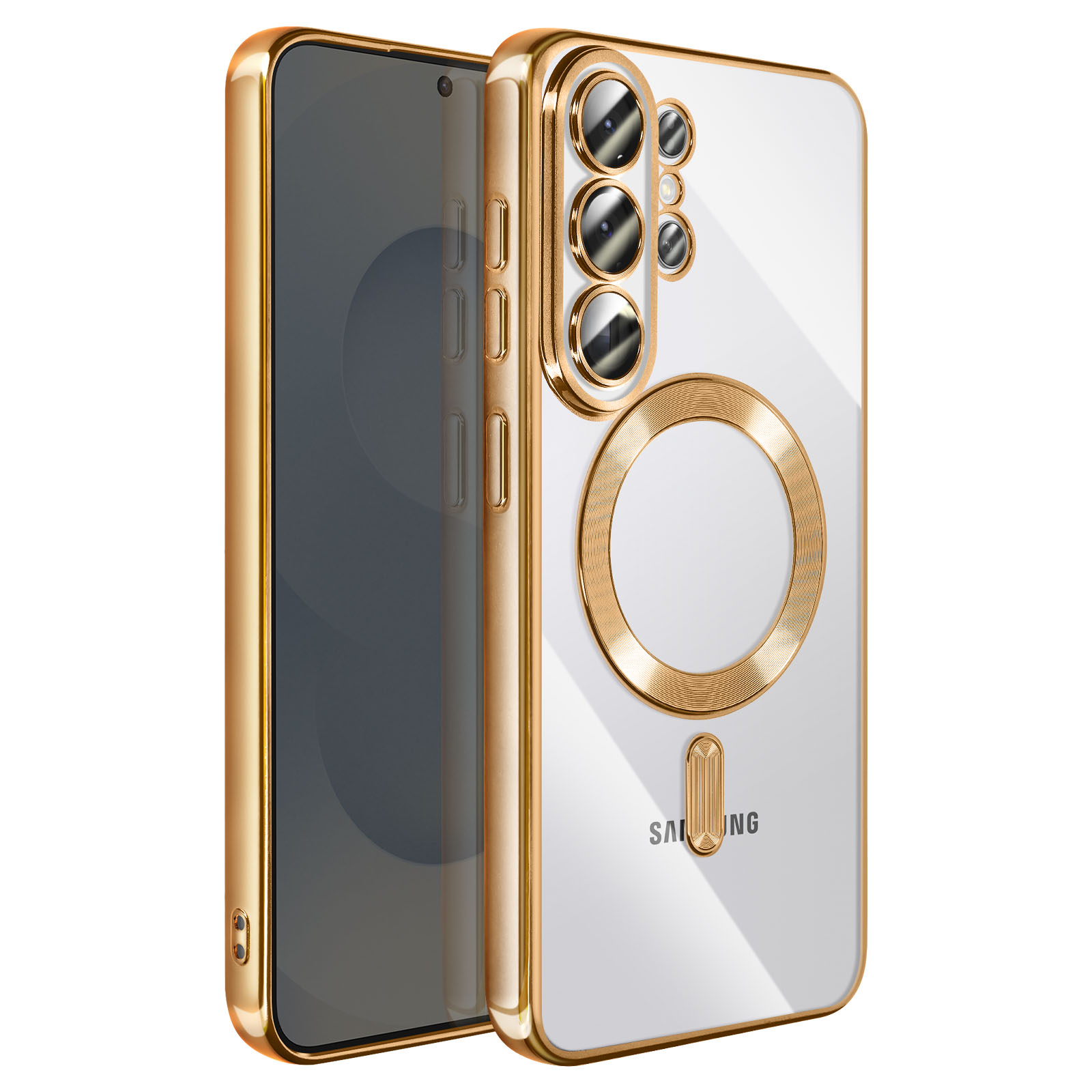 Un smartphone élégant avec un cadre doré et un étui transparent.